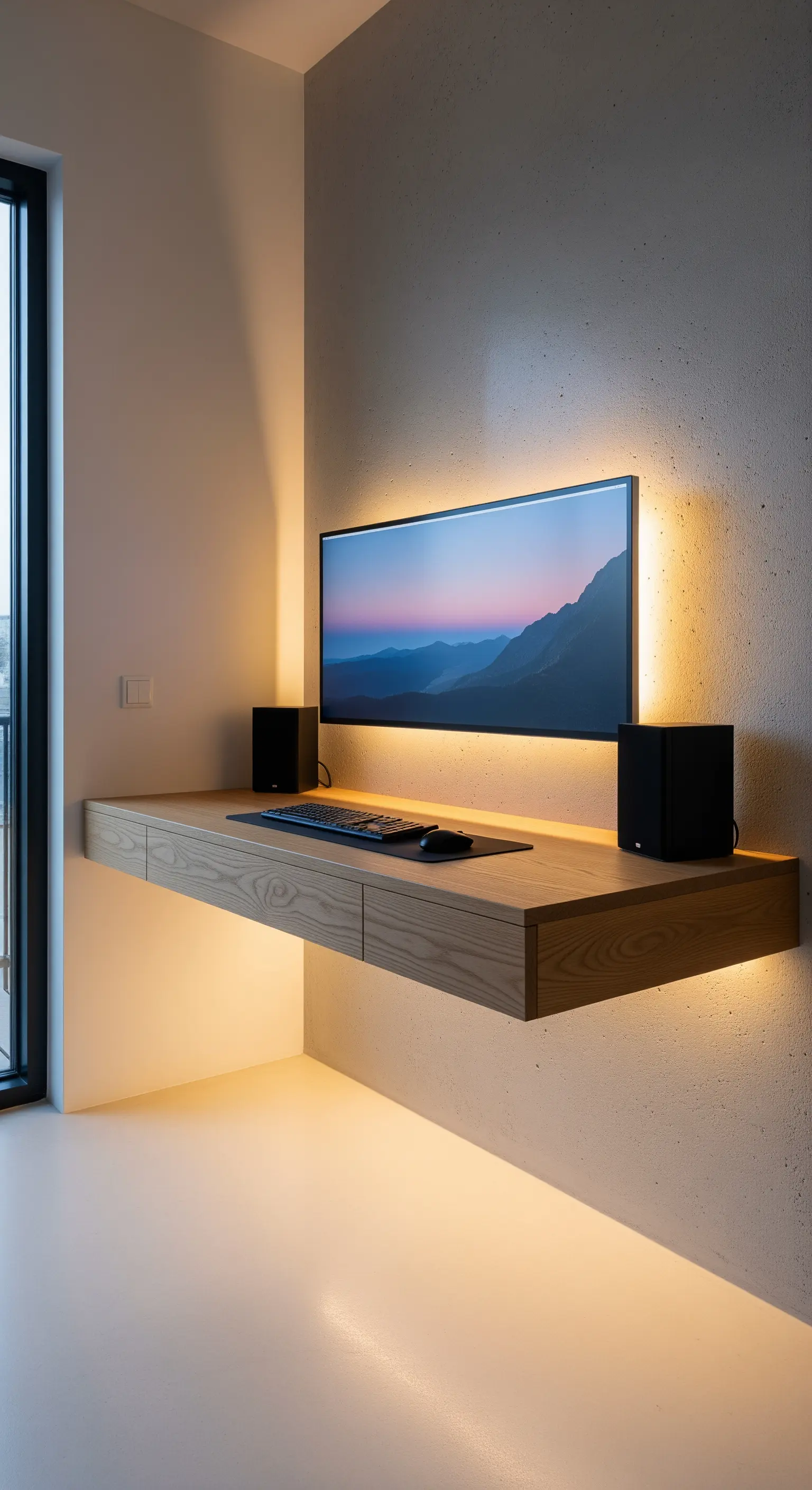 Scrivania sospesa in legno con retroilluminazione a LED su parete effetto cemento.