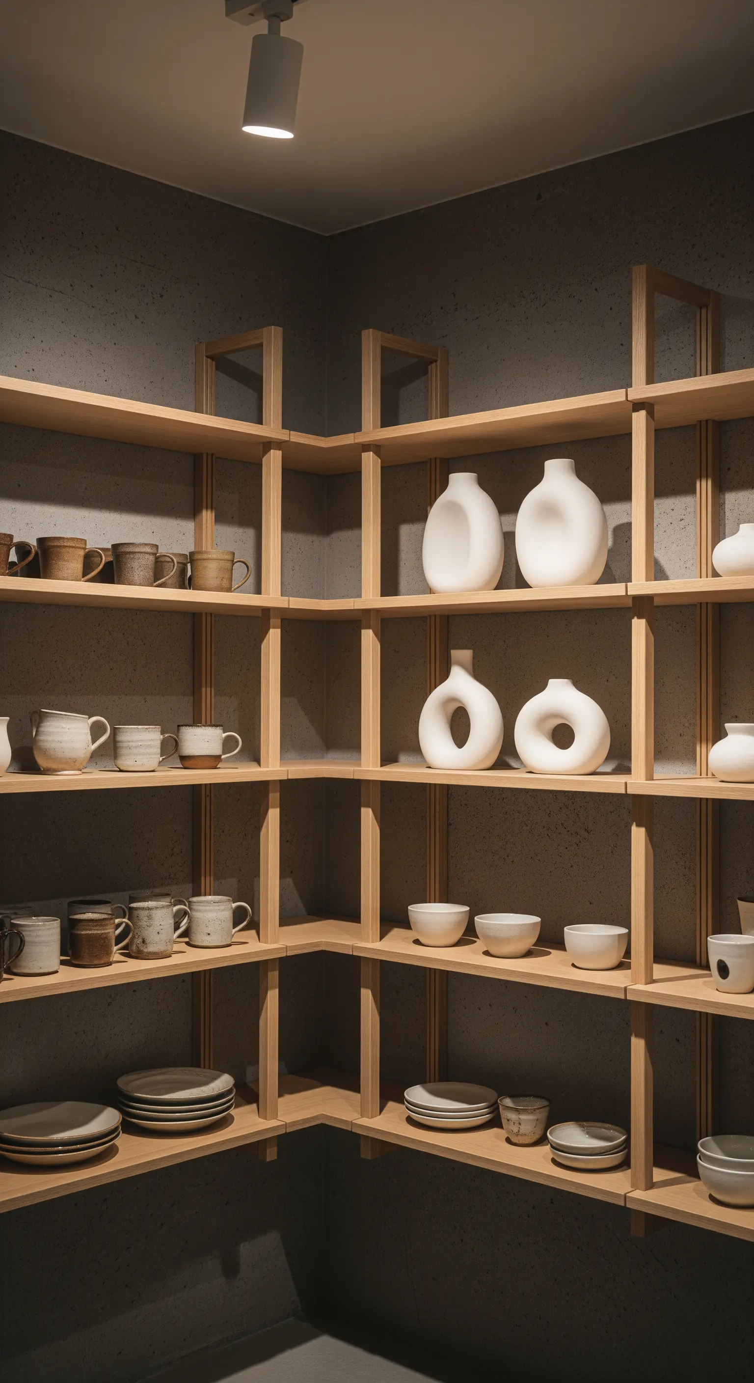 Scaffalatura angolare in legno chiaro con ceramiche bianche su una parete effetto cemento.