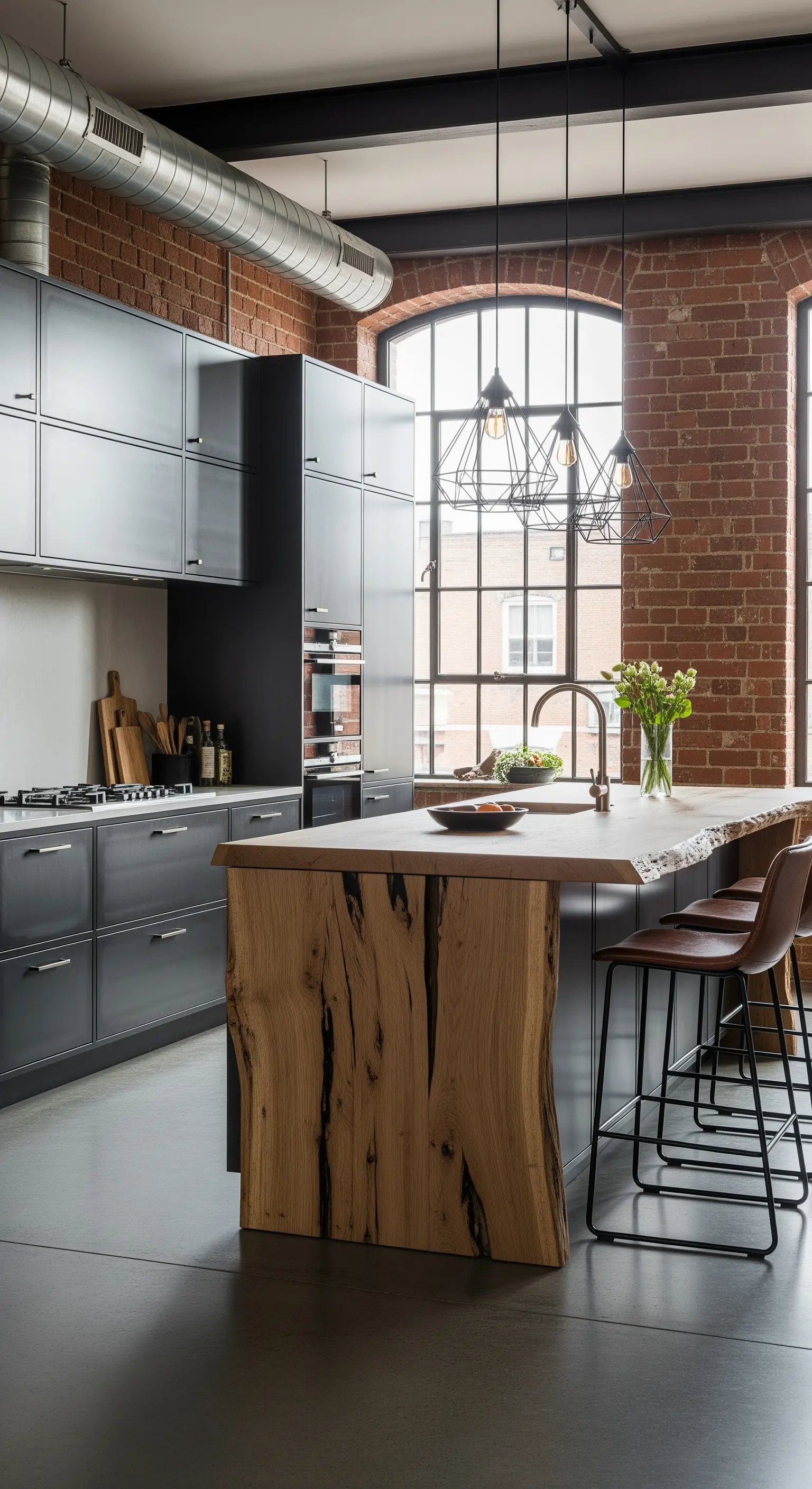 Cucina industrial con isola in legno massello, mobili neri e parete in mattoni a vista.