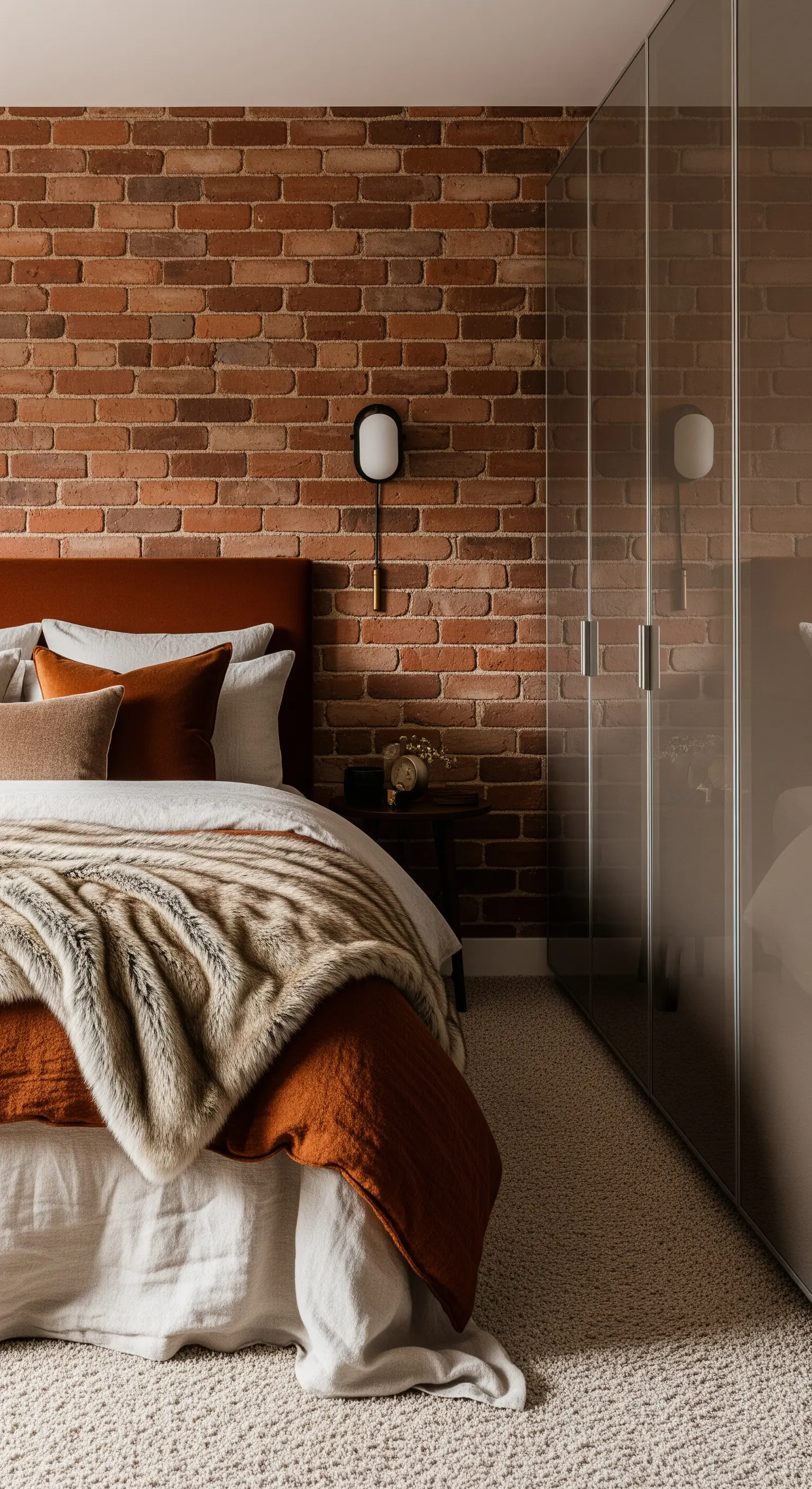 Letto con testiera color ruggine appoggiato a una parete di mattoni rossi a vista.