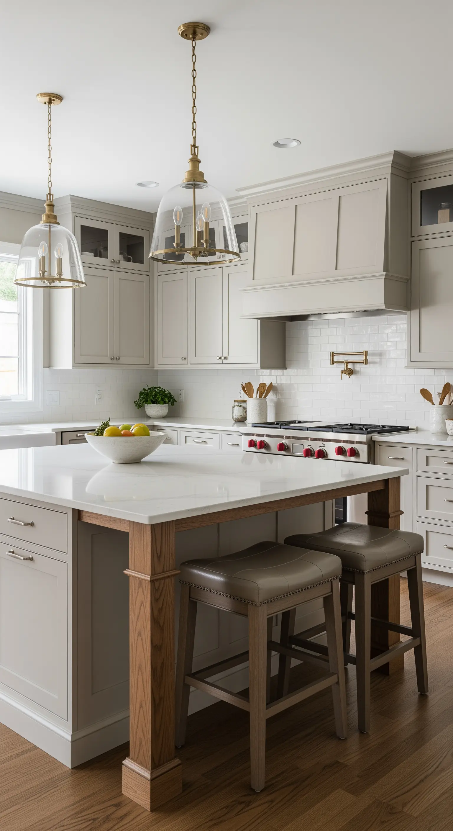 Cucina color greige con isola dal top bianco e gambe in rovere, con sgabelli in pelle.