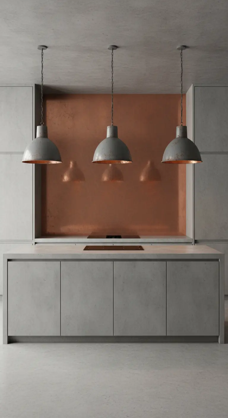 Cucina minimalista in cemento con un grande paraschizzi in rame e lampade industriali.