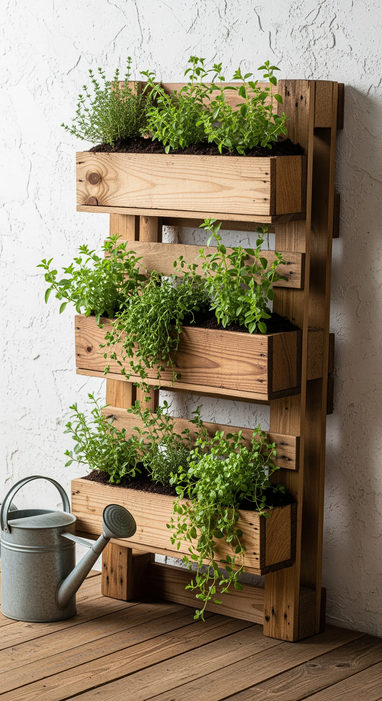 Fioriera verticale in legno di pallet riciclato con tre livelli di erbe aromatiche.