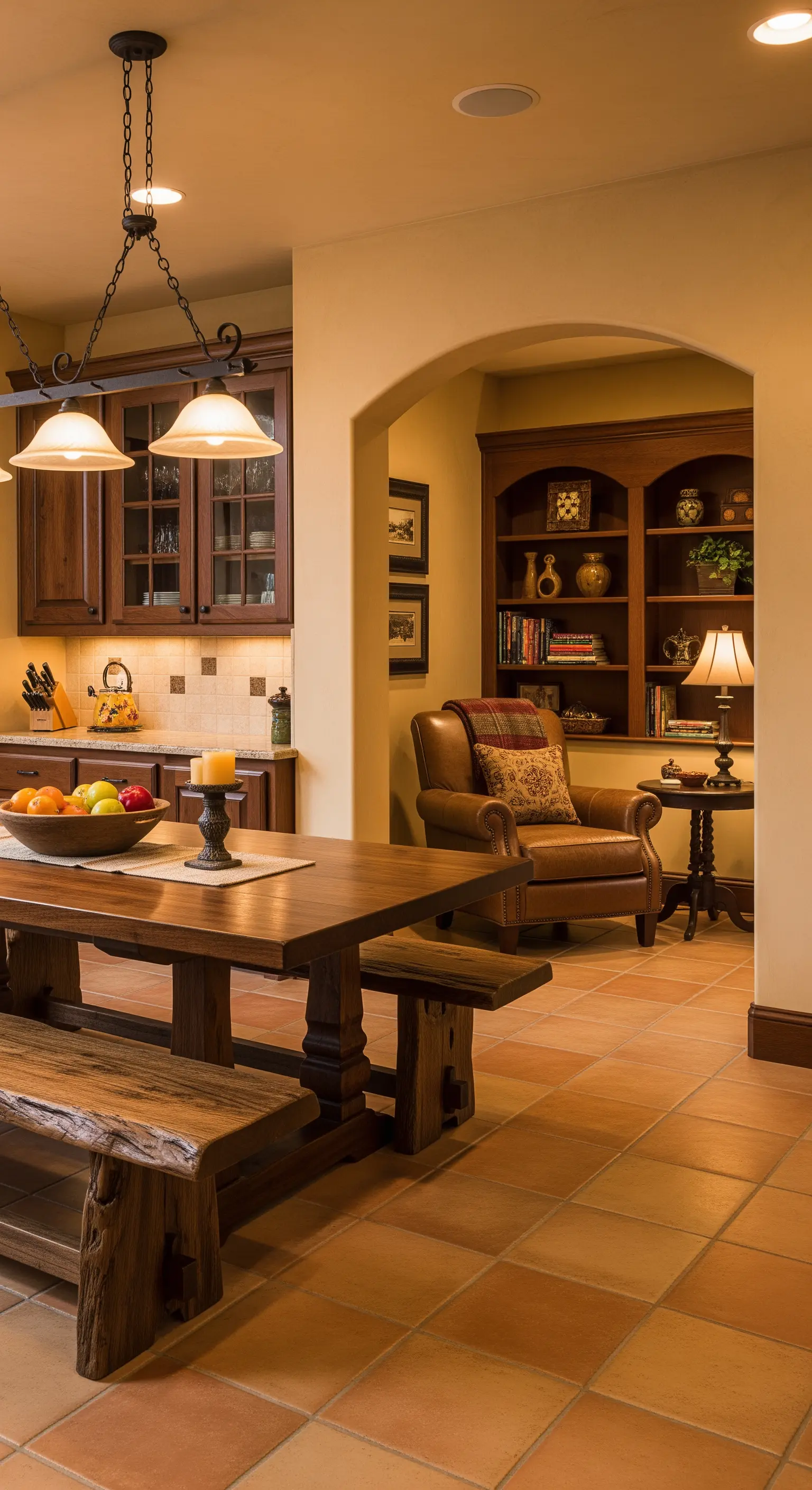 Tavolo da pranzo in legno massiccio che conduce a un angolo lettura con poltrona in pelle.