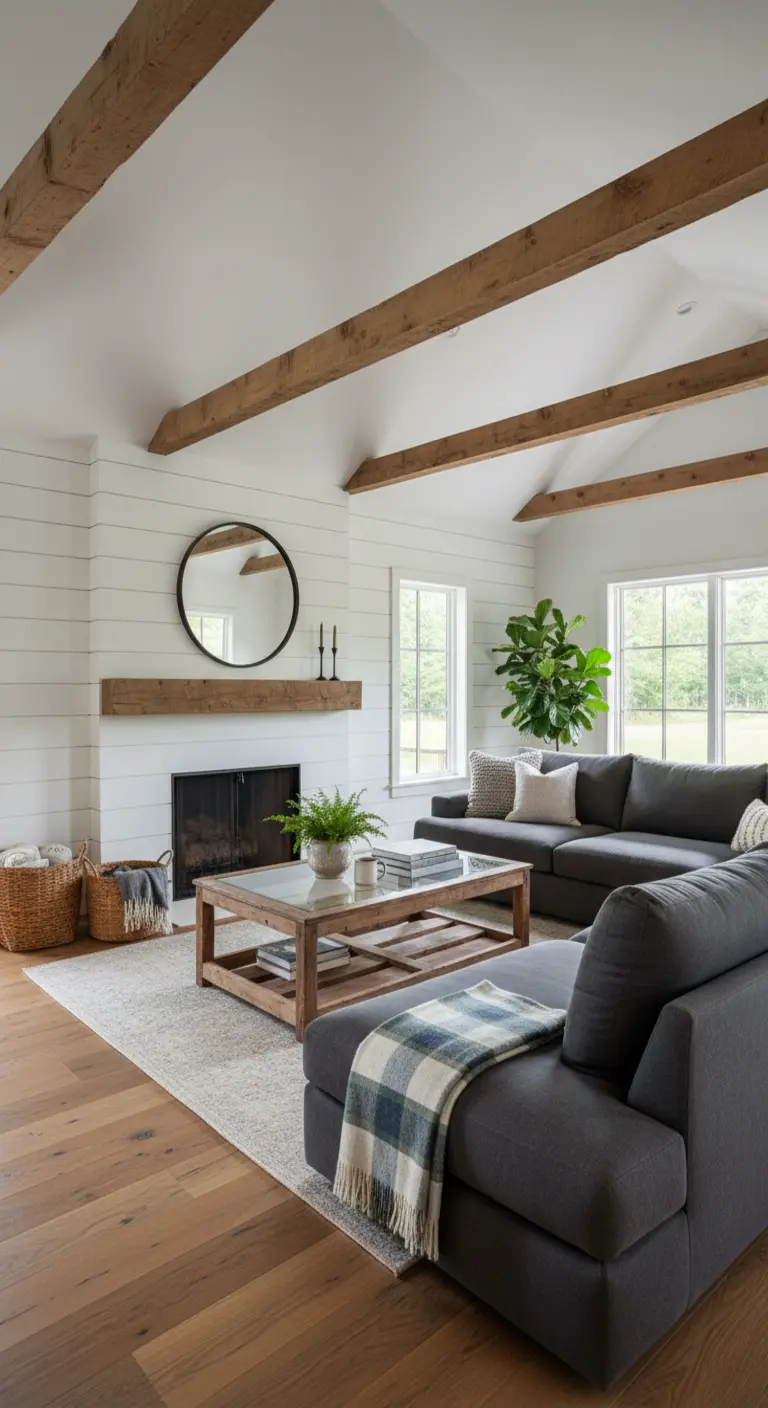 Soggiorno in stile rustico moderno con travi a vista, camino e divano grigio a L.