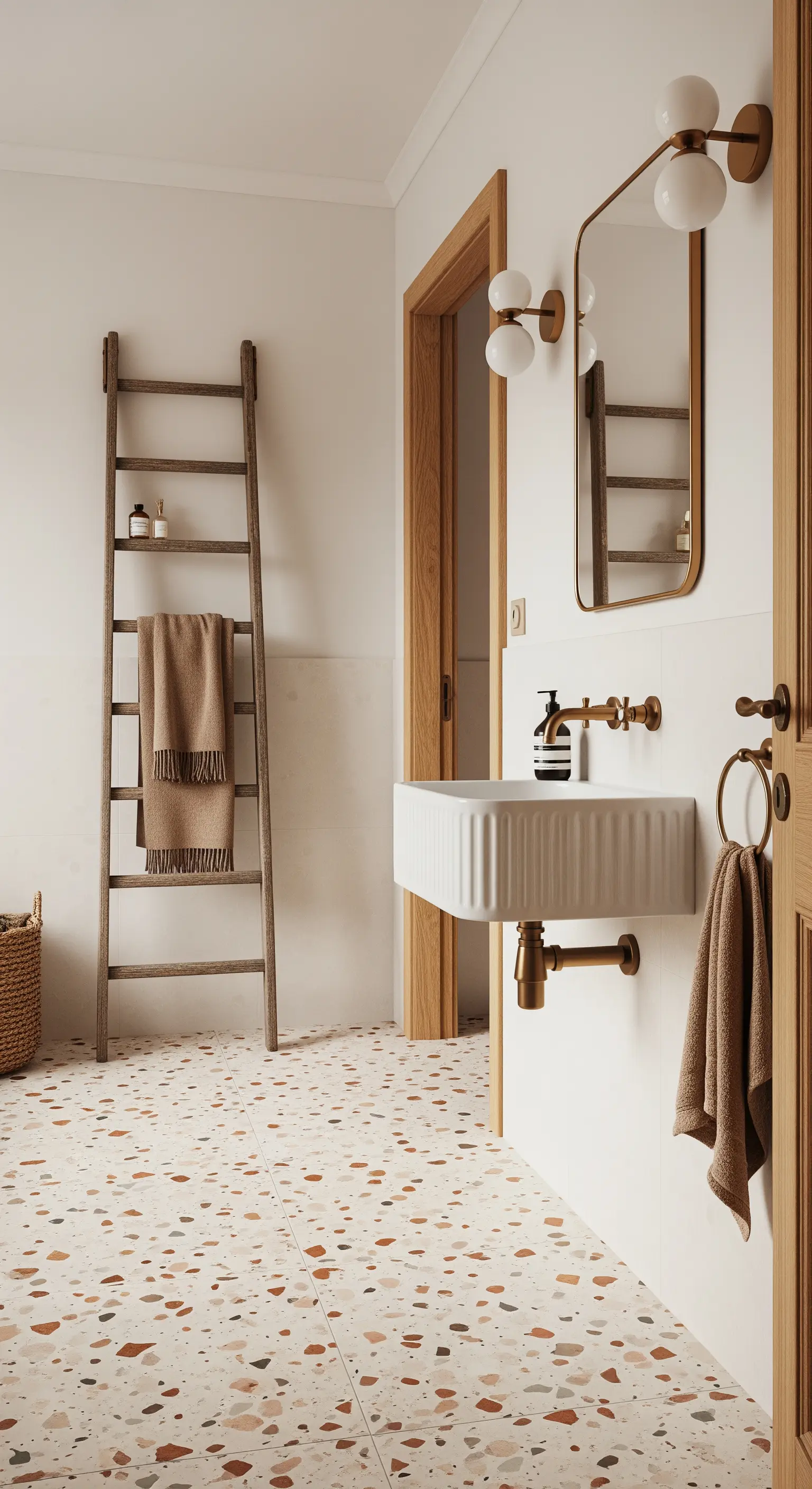 Bagno luminoso con pavimento in terrazzo, lavabo a canale e scala in legno.