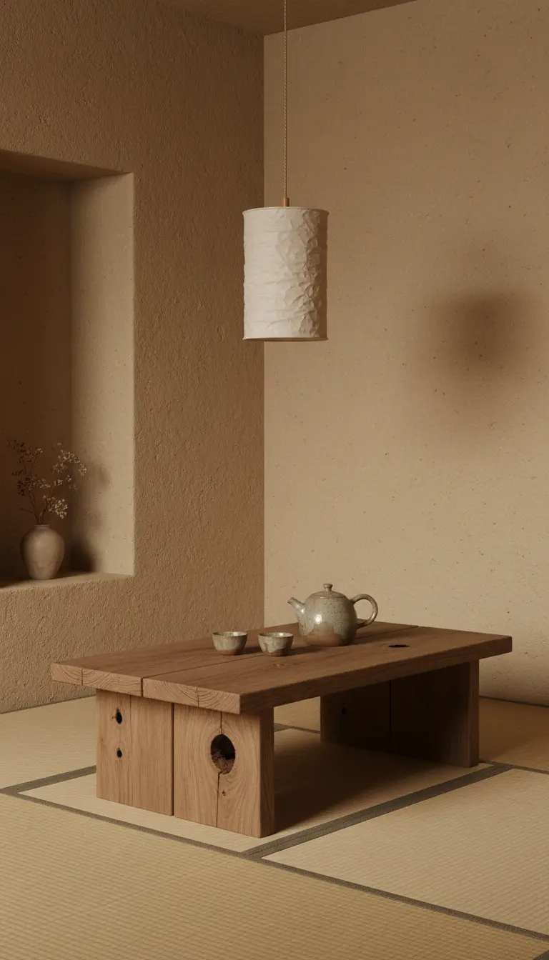 Angolo zen con pareti materiche color sabbia, tavolo in legno massiccio e lampada in carta.