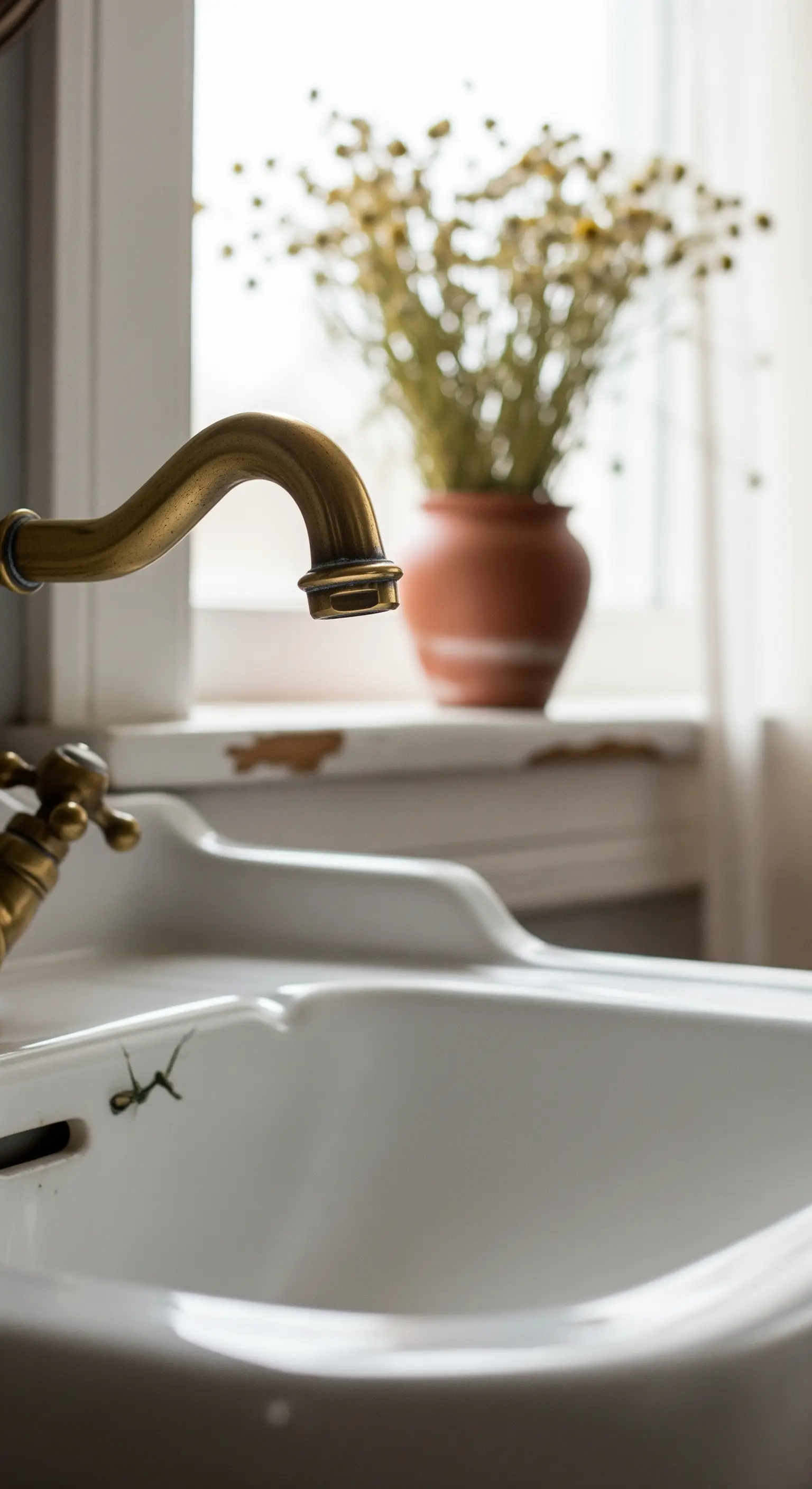 Dettaglio di un rubinetto in ottone anticato con fiori secchi sullo sfondo.