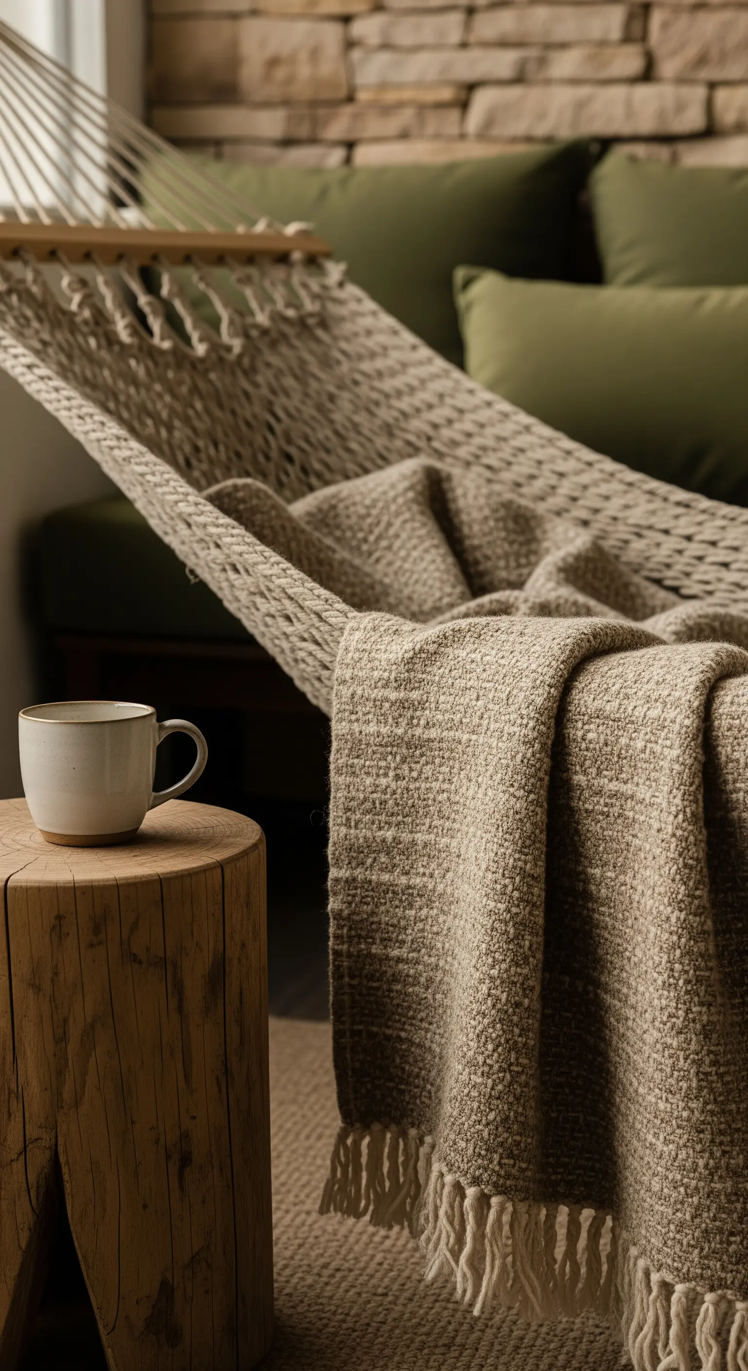 Amaca in corda con coperta beige e tavolino a forma di tronco d'albero.