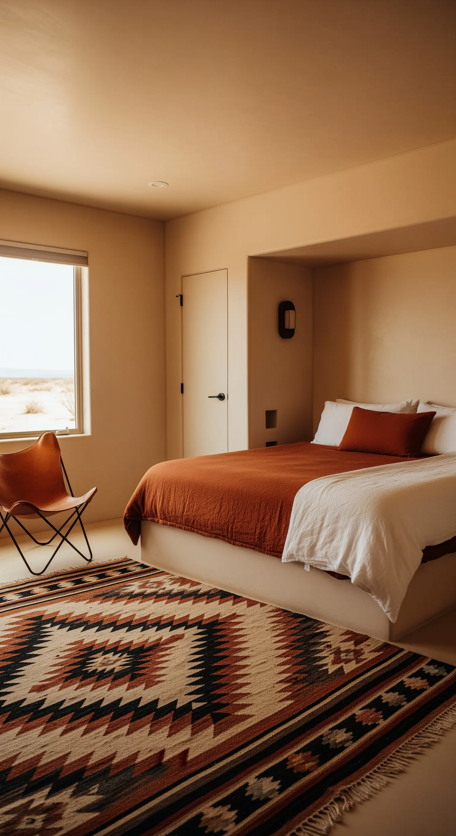 Camera da letto minimalista nei toni del deserto, con tappeto etnico e sedia Butterfly in pelle.