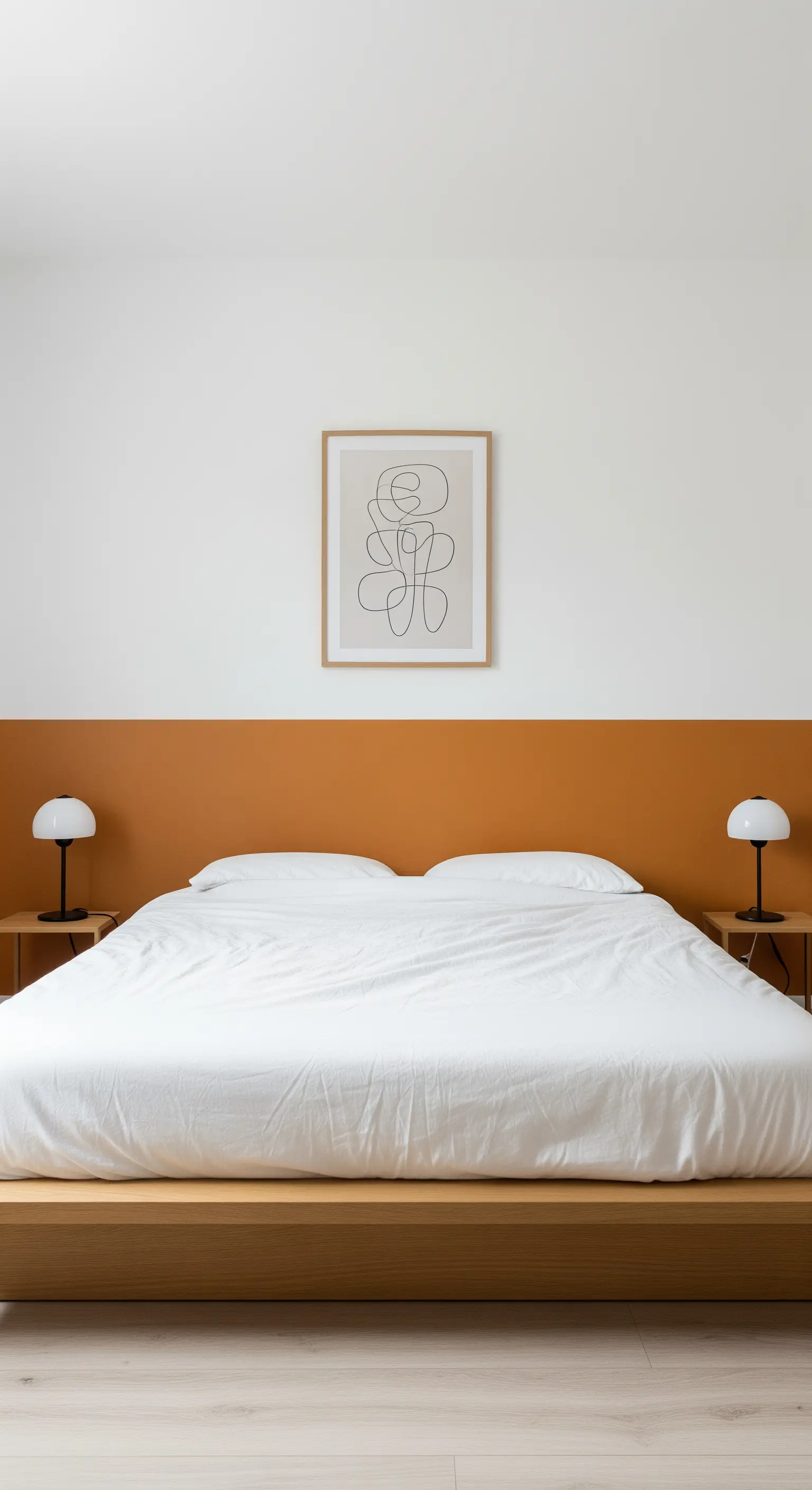 Camera da letto minimalista con una fascia color terracotta dietro al letto basso in legno.