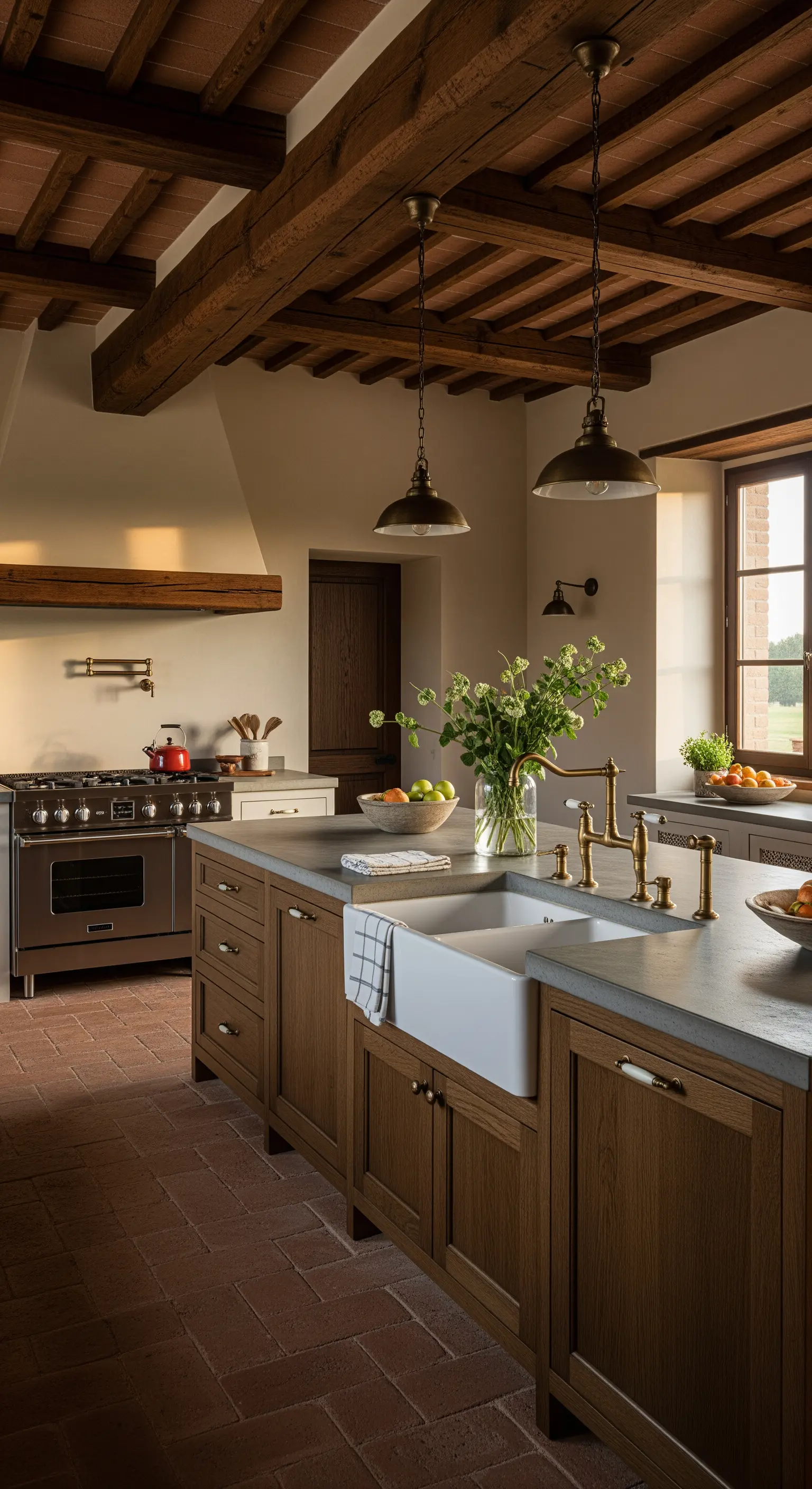Cucina rustica con pavimento in cotto, travi in legno, isola con lavello e lampade industriali.