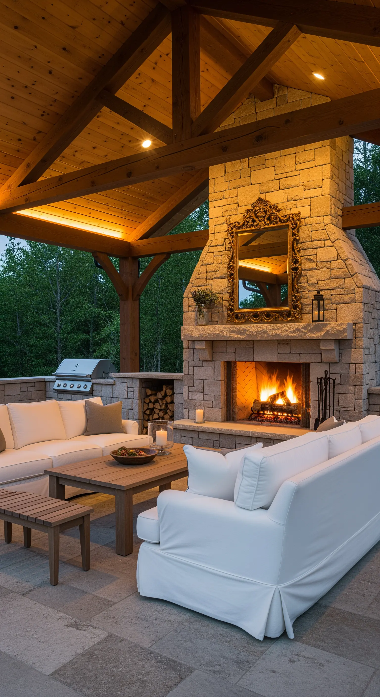 Patio coperto con grande camino in pietra, divani bianchi e uno specchio barocco dorato.