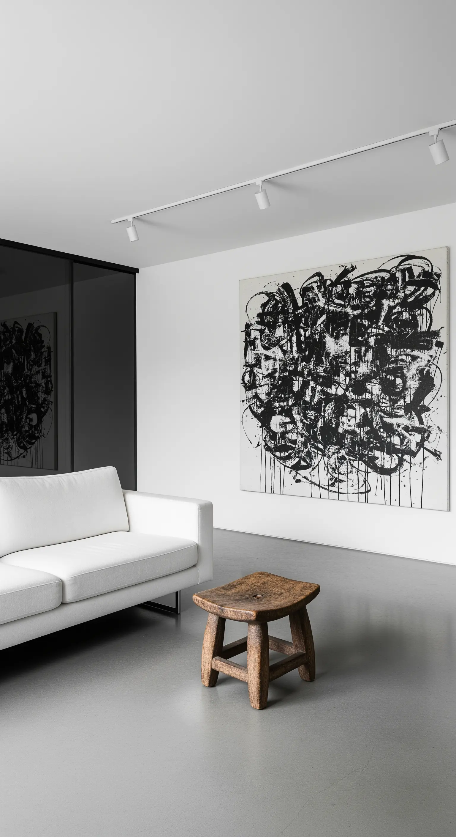 Spazio minimalista con divano bianco, grande quadro astratto e uno sgabello in legno grezzo.