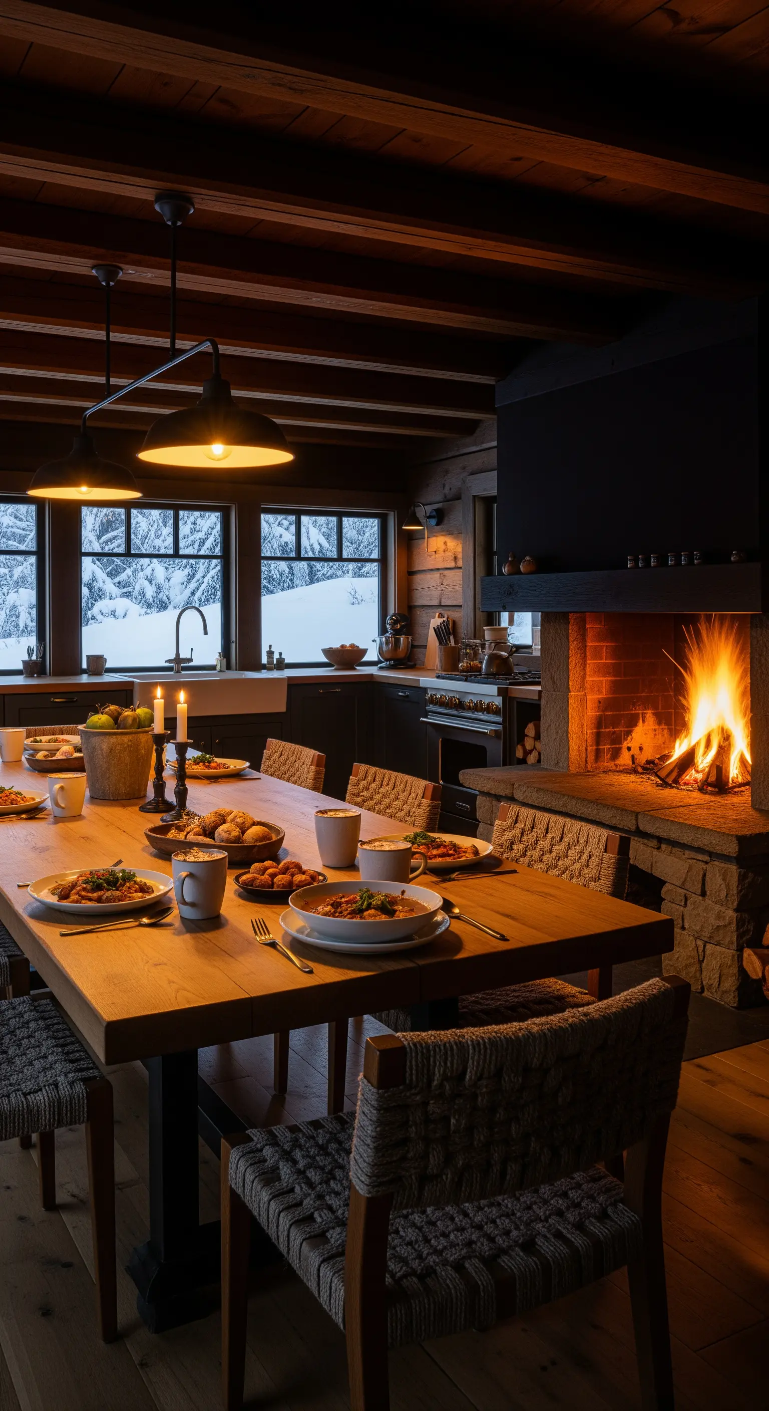 Cucina in una baita con camino moderno, tavolo in legno e vista su un paesaggio innevato.