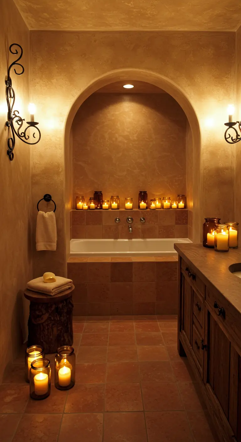 Bagno in stile mediterraneo con nicchia ad arco, pareti color terracotta e candele.
