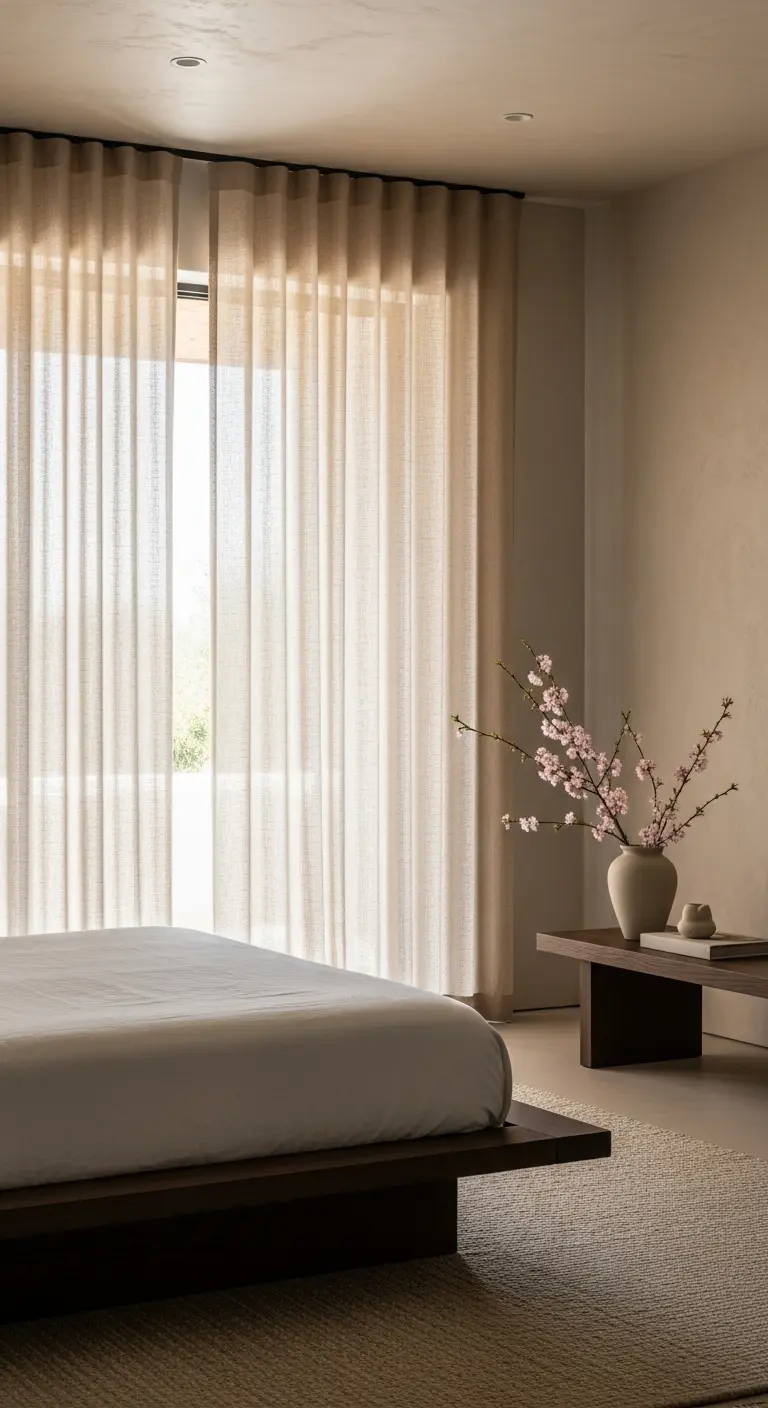 Camera da letto minimalista con letto basso in legno scuro e tende beige che filtrano una luce calda.