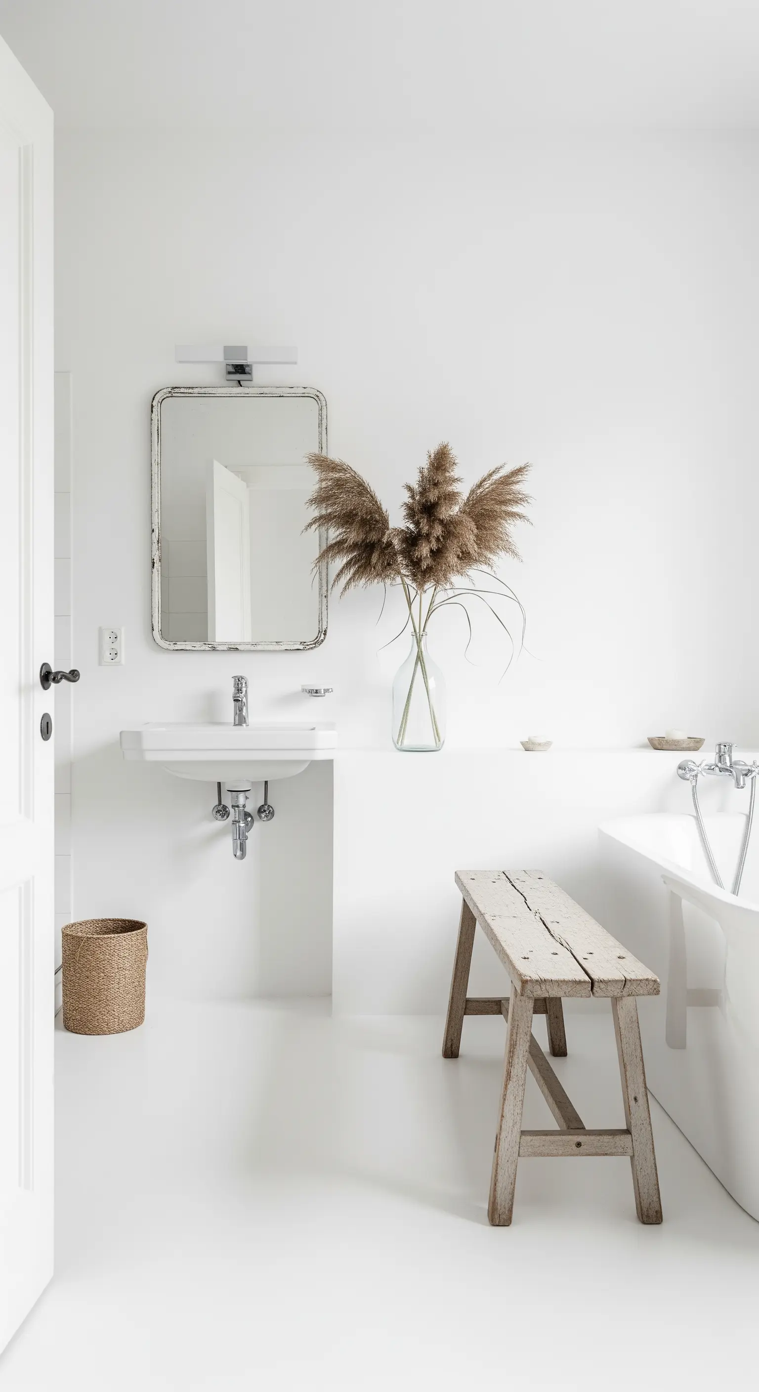 Bagno minimalista total white con una panca in legno grezzo e fiori di pampa in un vaso.