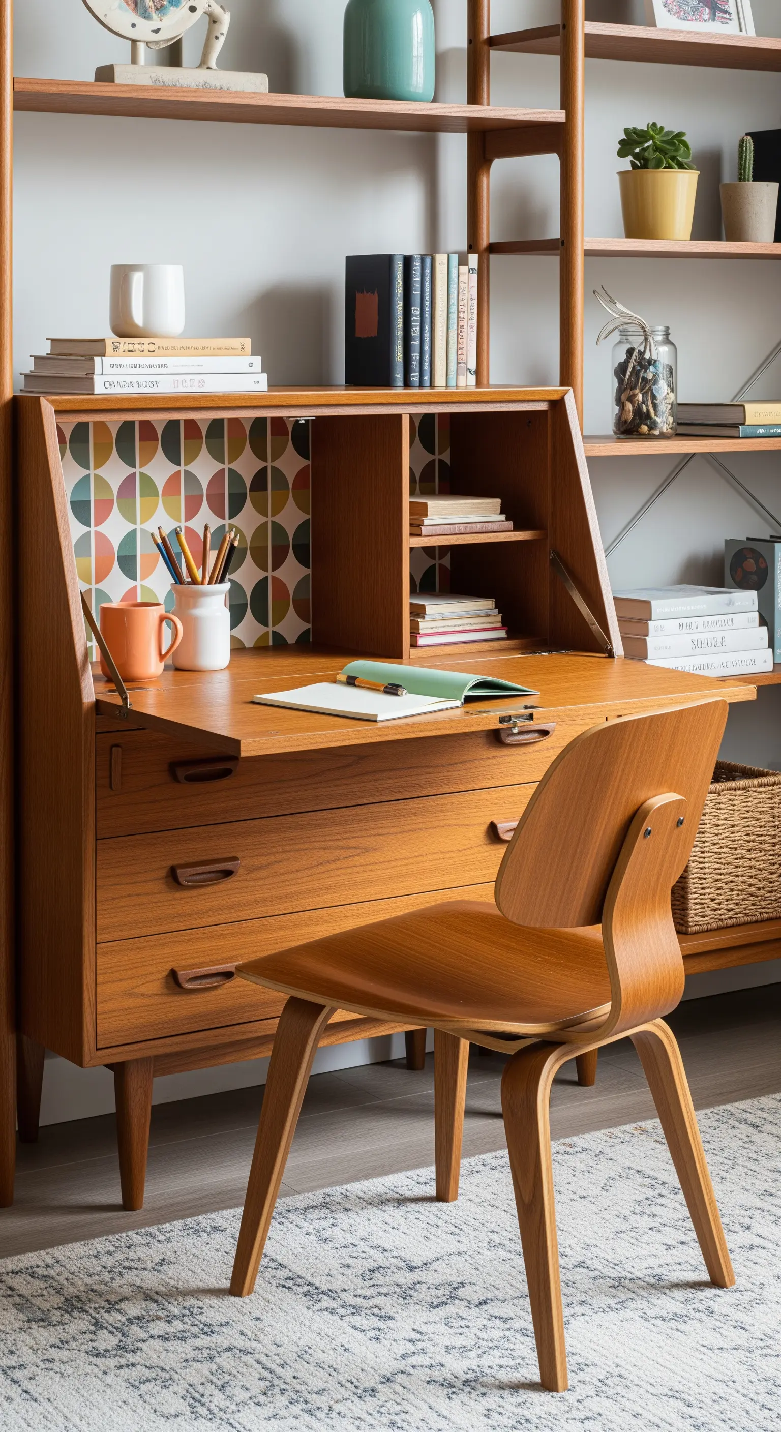 Scrivania a ribalta in stile Mid-Century in legno di teak con sedia coordinata.