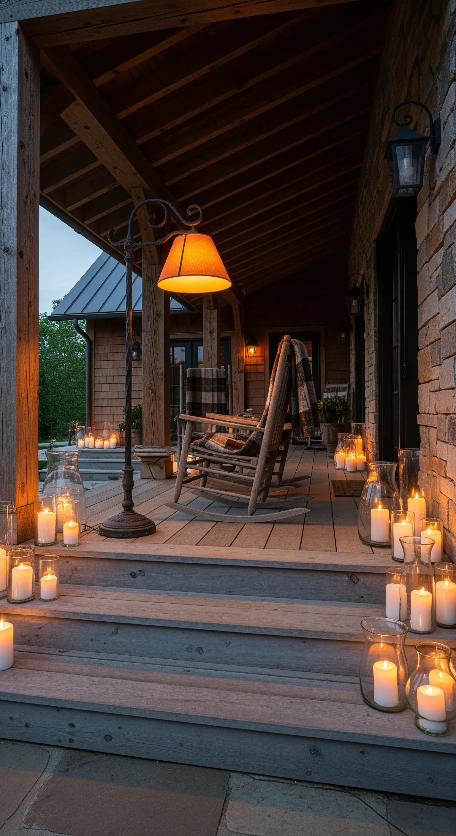 Veranda in legno con sedia a dondolo, lampada da terra e decine di candele in vasi di vetro.