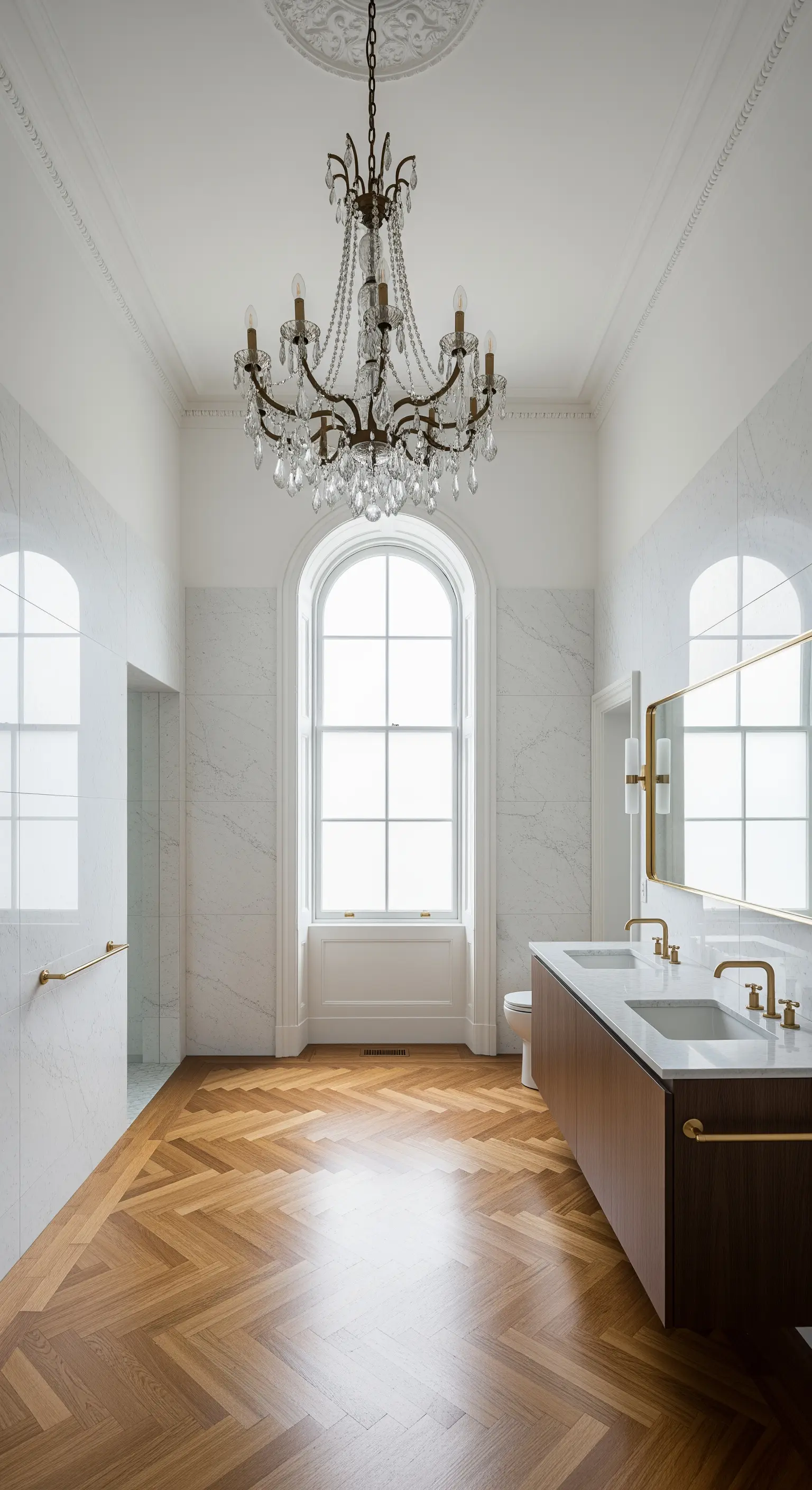 Bagno spazioso con pavimento in parquet a spina di pesce, pareti in marmo e un lampadario antico.
