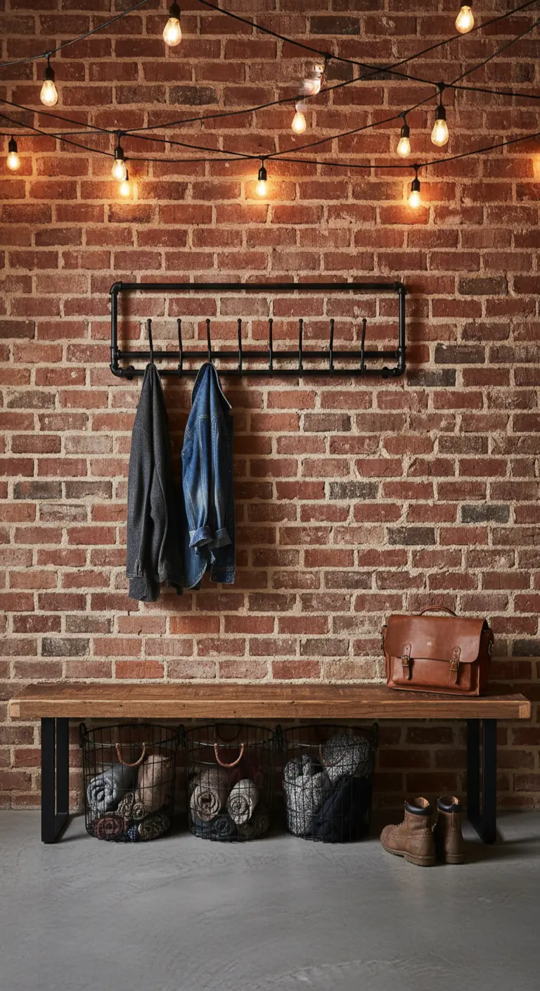 Panca in legno e metallo contro un muro di mattoni rossi, con luci a filo.