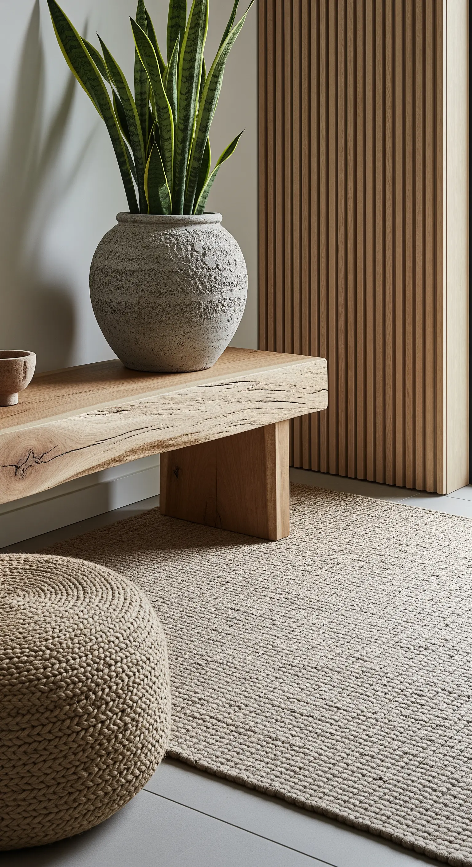 Dettaglio di un ingresso con panca in legno massiccio, pouf in juta e vaso in pietra.