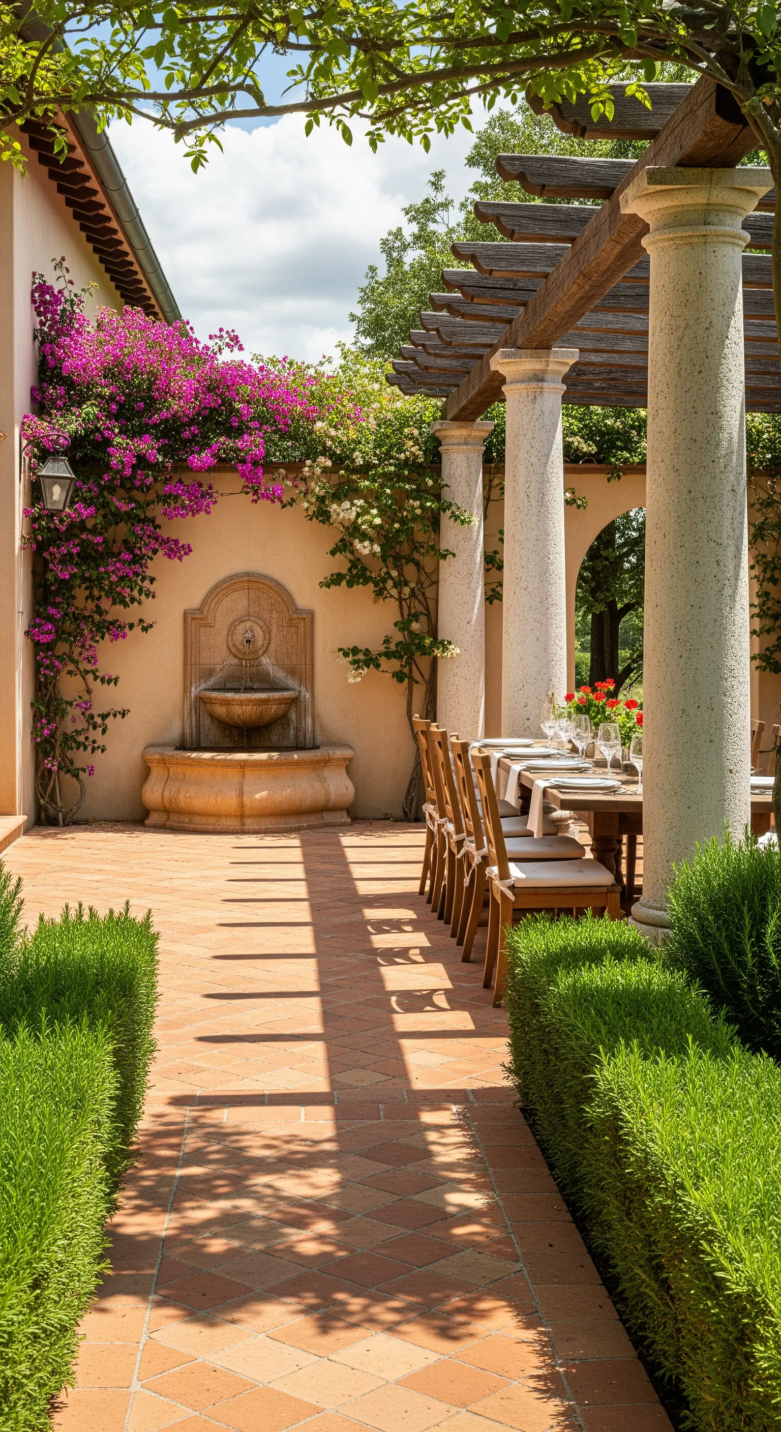 Patio in stile mediterraneo con pavimento in cotto, colonne in pietra e bouganville fucsia.