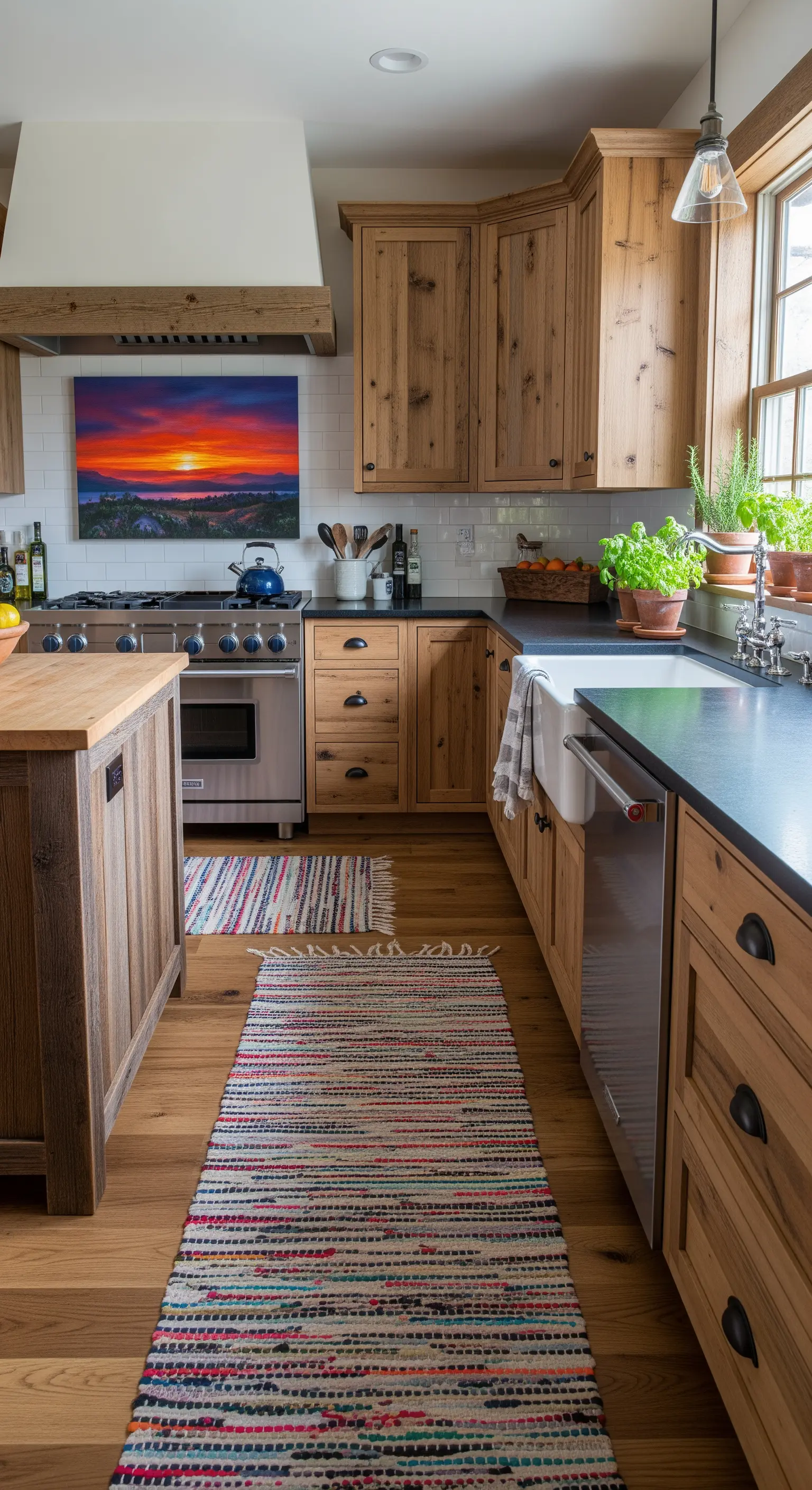 Cucina rustica in legno con tappeti intrecciati colorati e un quadro di un tramonto.