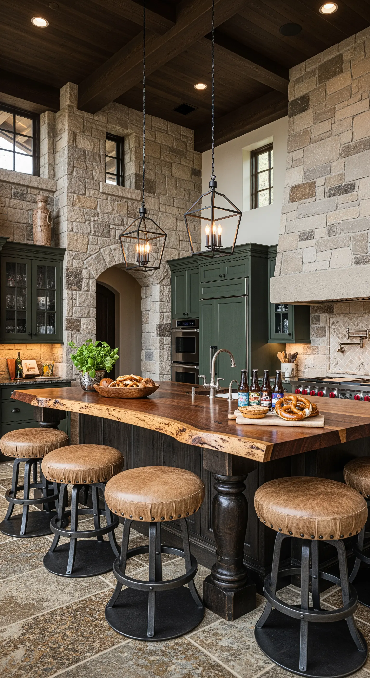 Cucina rustica con pareti in pietra, isola in legno massiccio e sgabelli in pelle invecchiata.