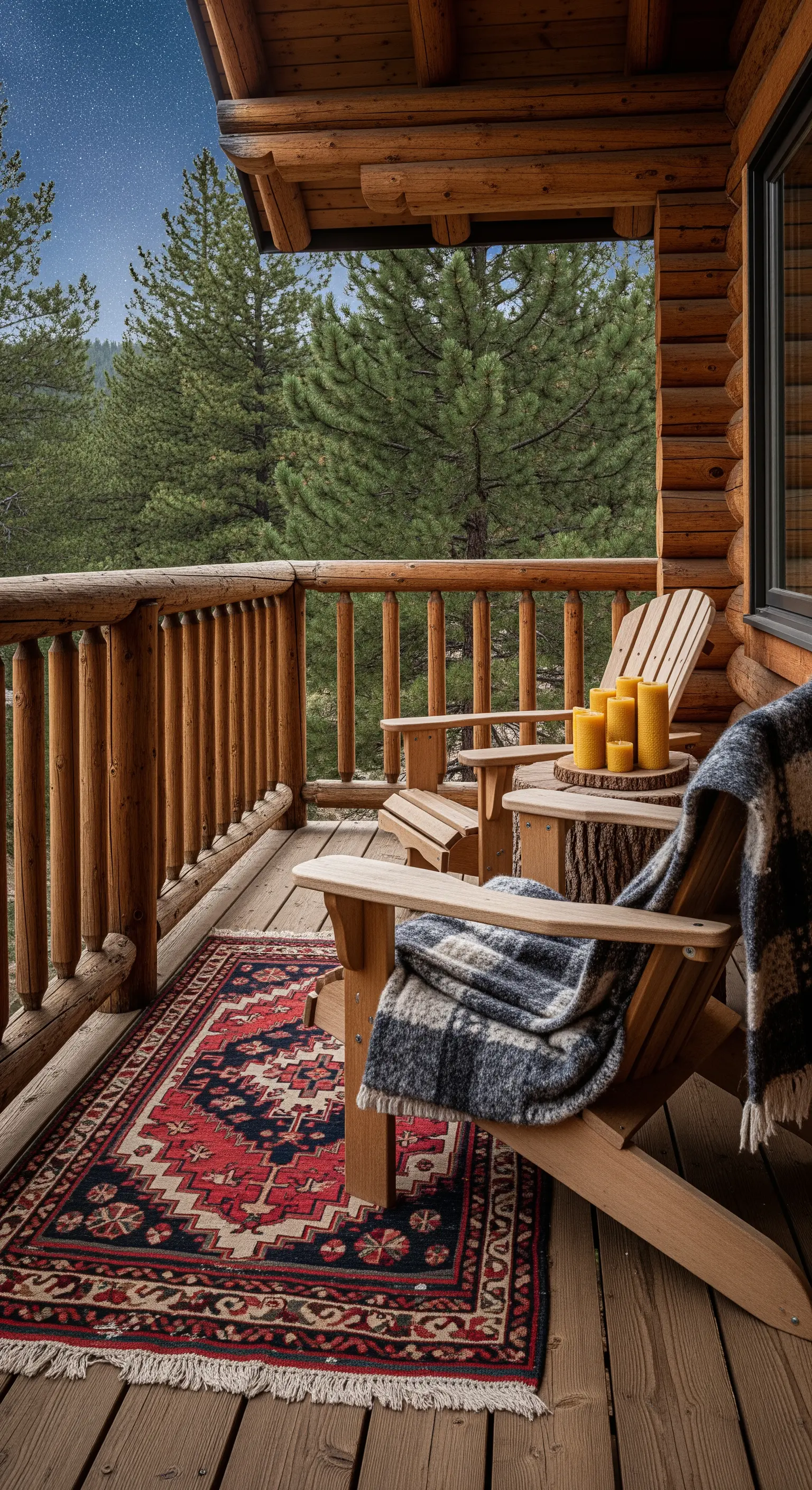 Balcone di una baita in legno con sedie Adirondack e tappeto kilim.