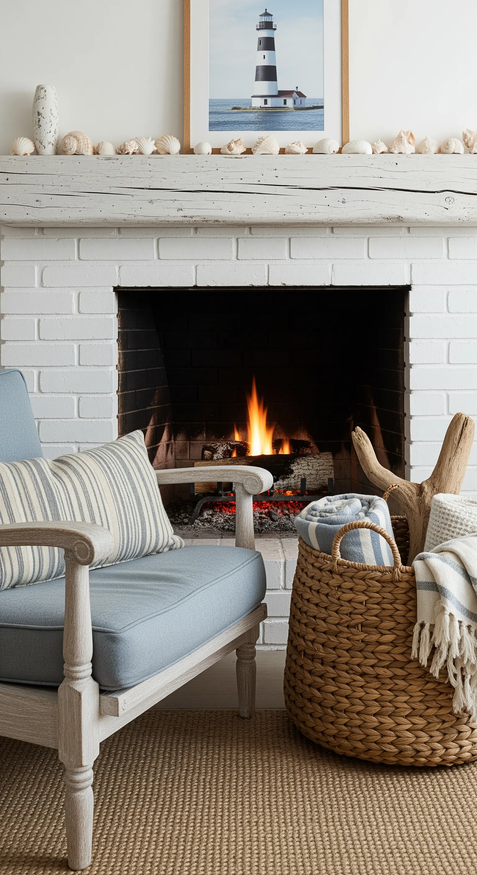 Camino in mattoni bianchi con mensola in legno, decorata con conchiglie e una poltrona accanto.