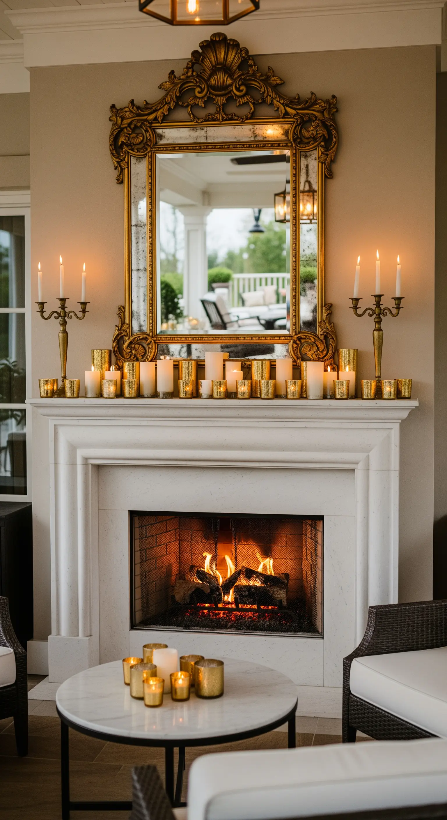 Camino esterno con un grande specchio barocco dorato e decine di candele sulla mensola.
