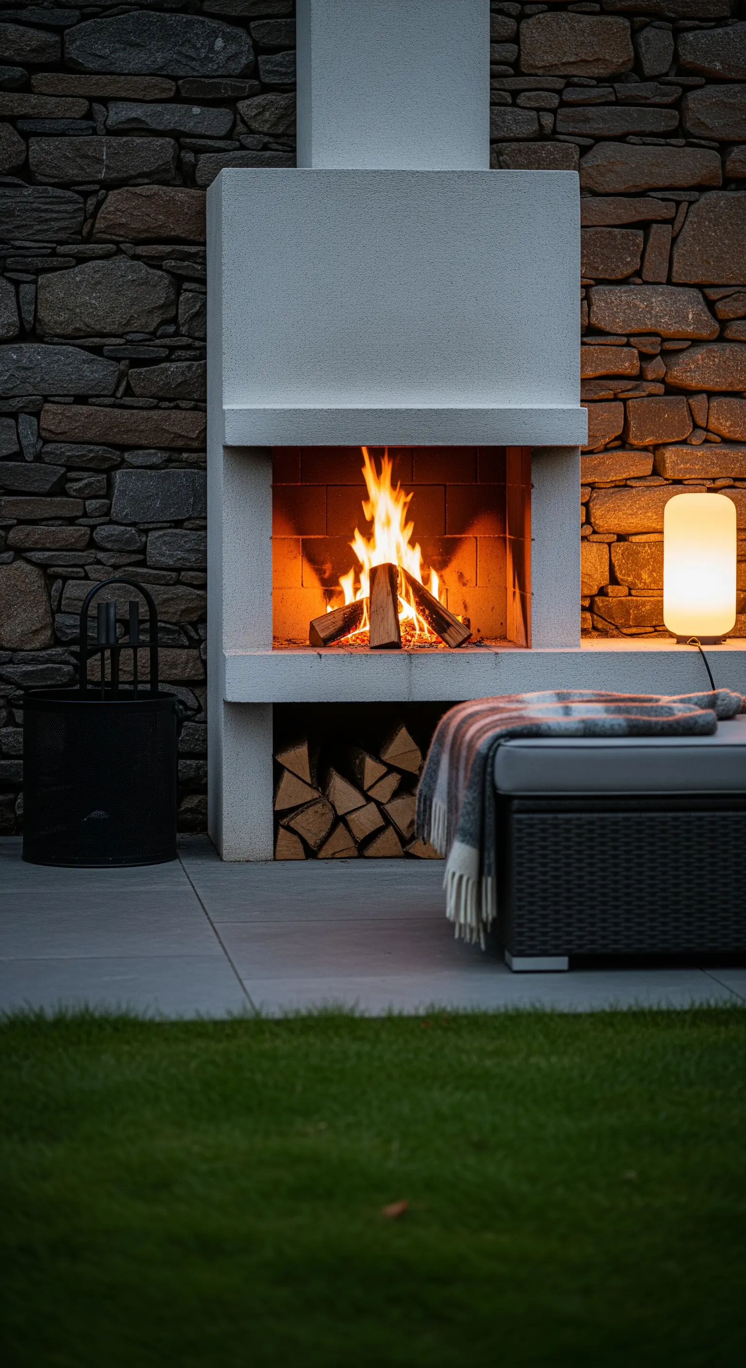 Camino esterno in pietra e cemento con fuoco acceso, affiancato da una lampada di design.