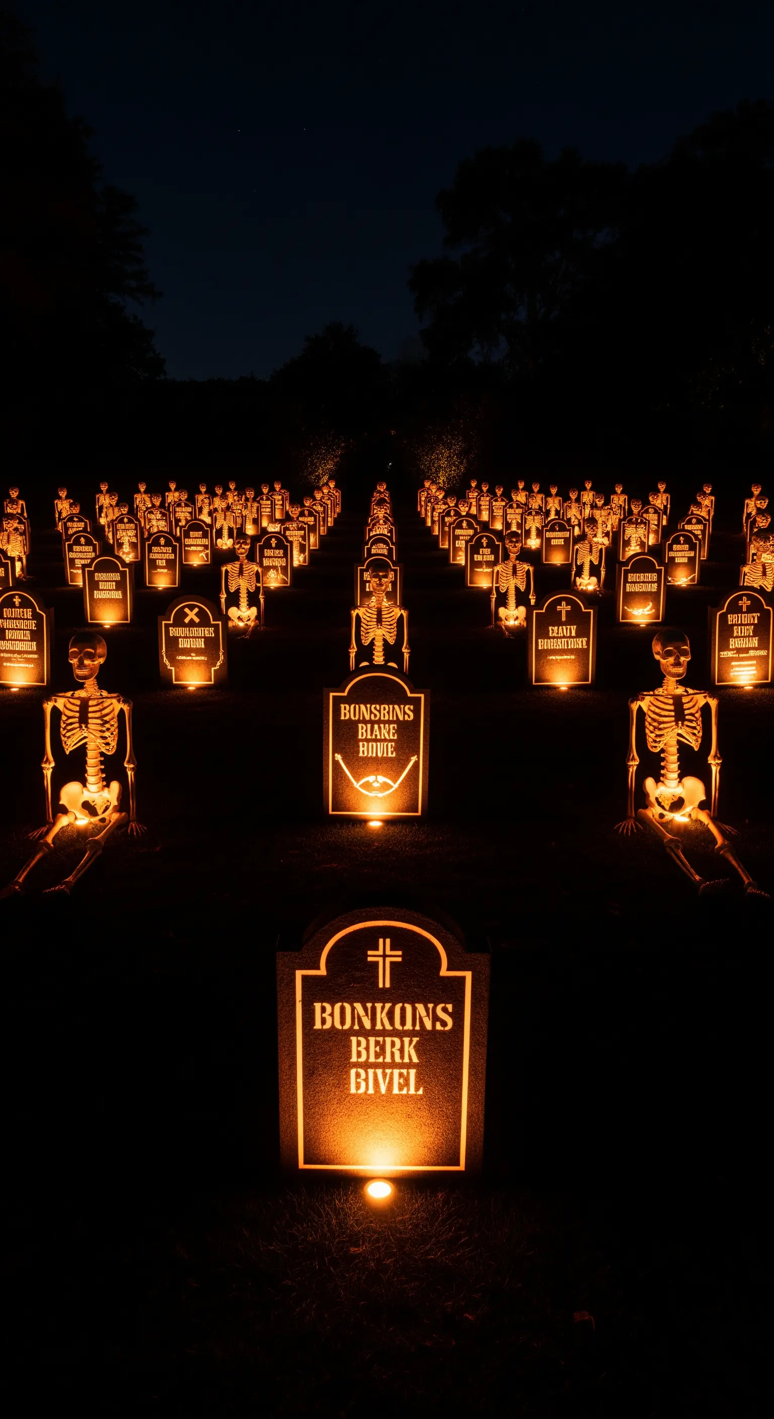 Un campo di lapidi disposte in file ordinate, ognuna illuminata da una luce calda dal basso.