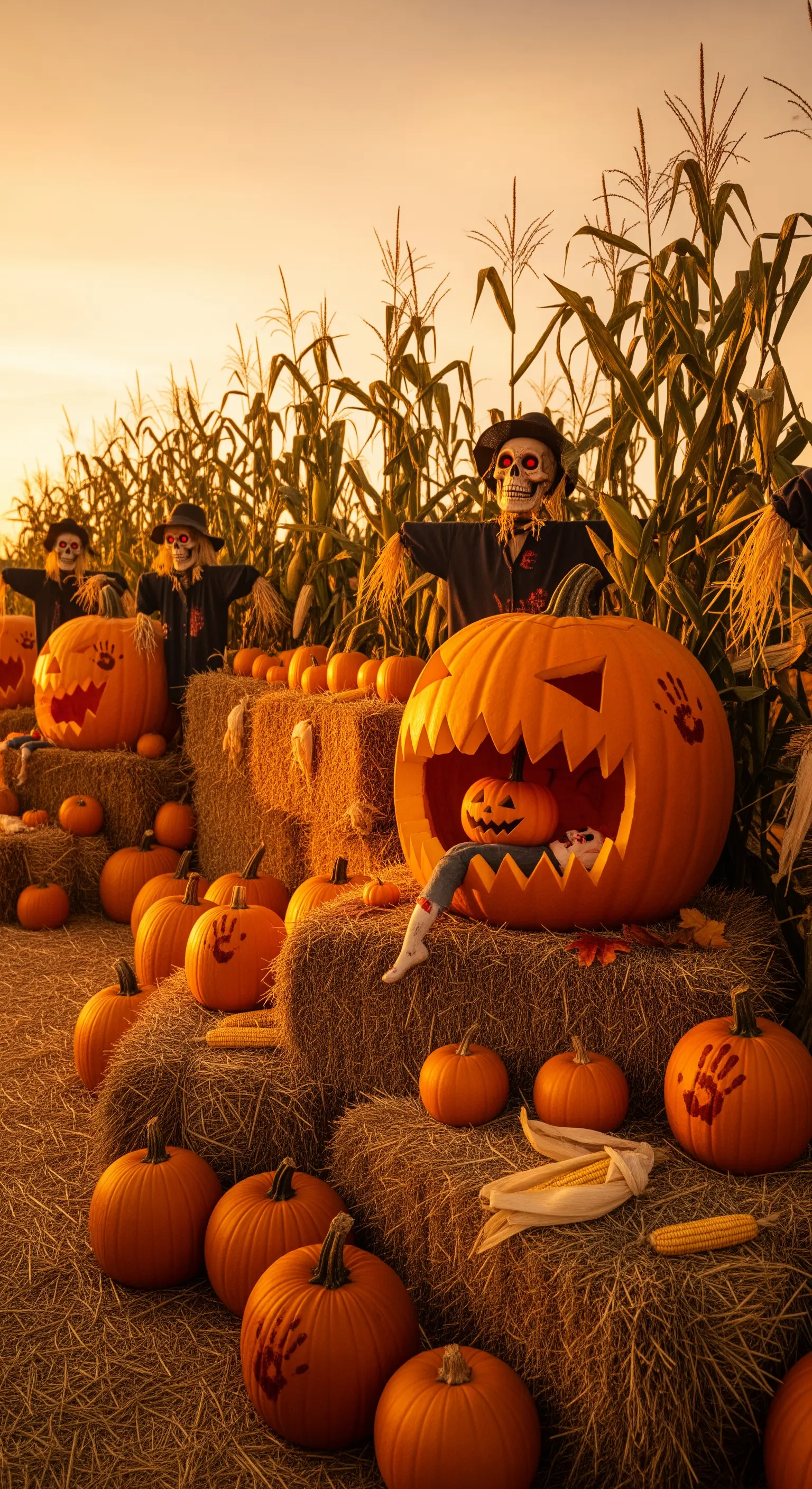 Una grande zucca intagliata che ne mangia una più piccola, in un campo di balle di fieno.