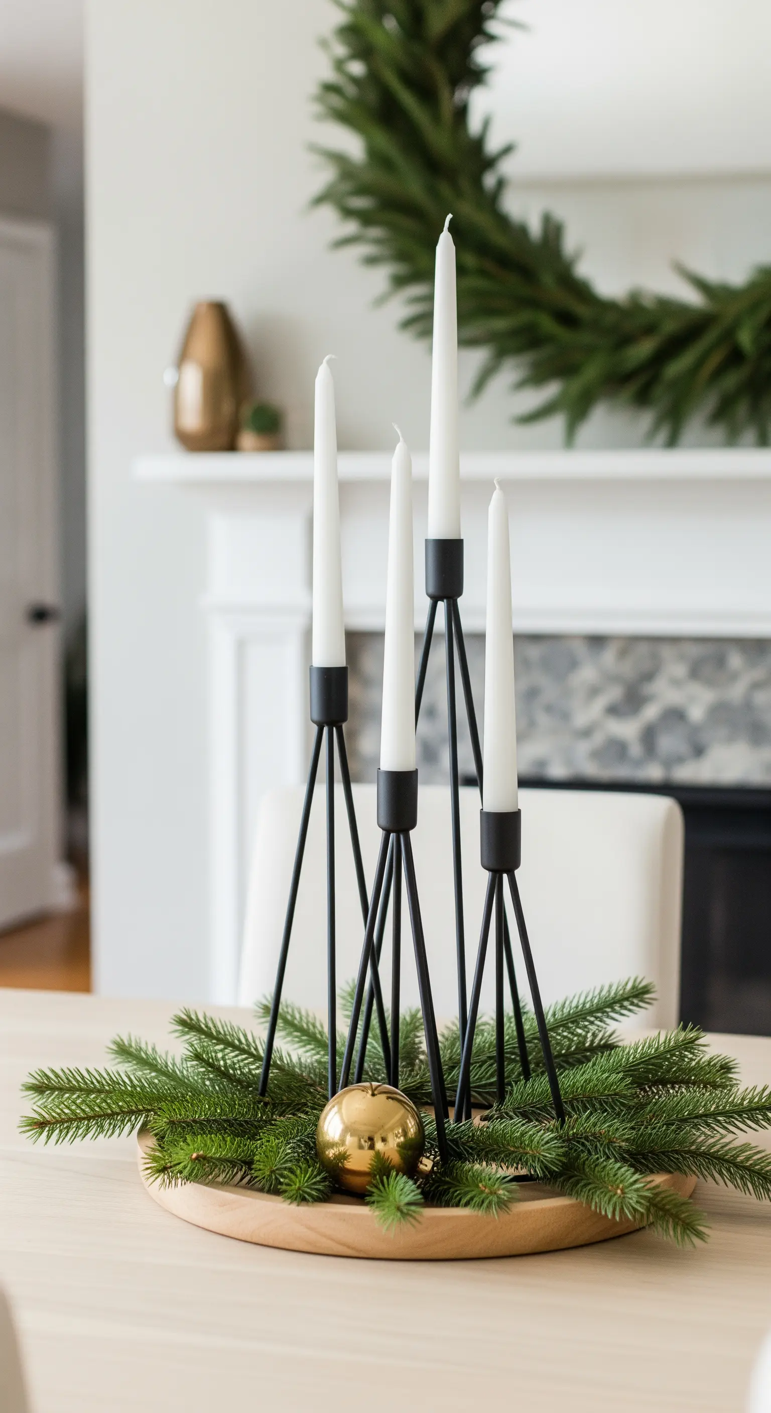 Centrotavola moderno con candelabro nero geometrico, rami di abete e una sfera dorata.