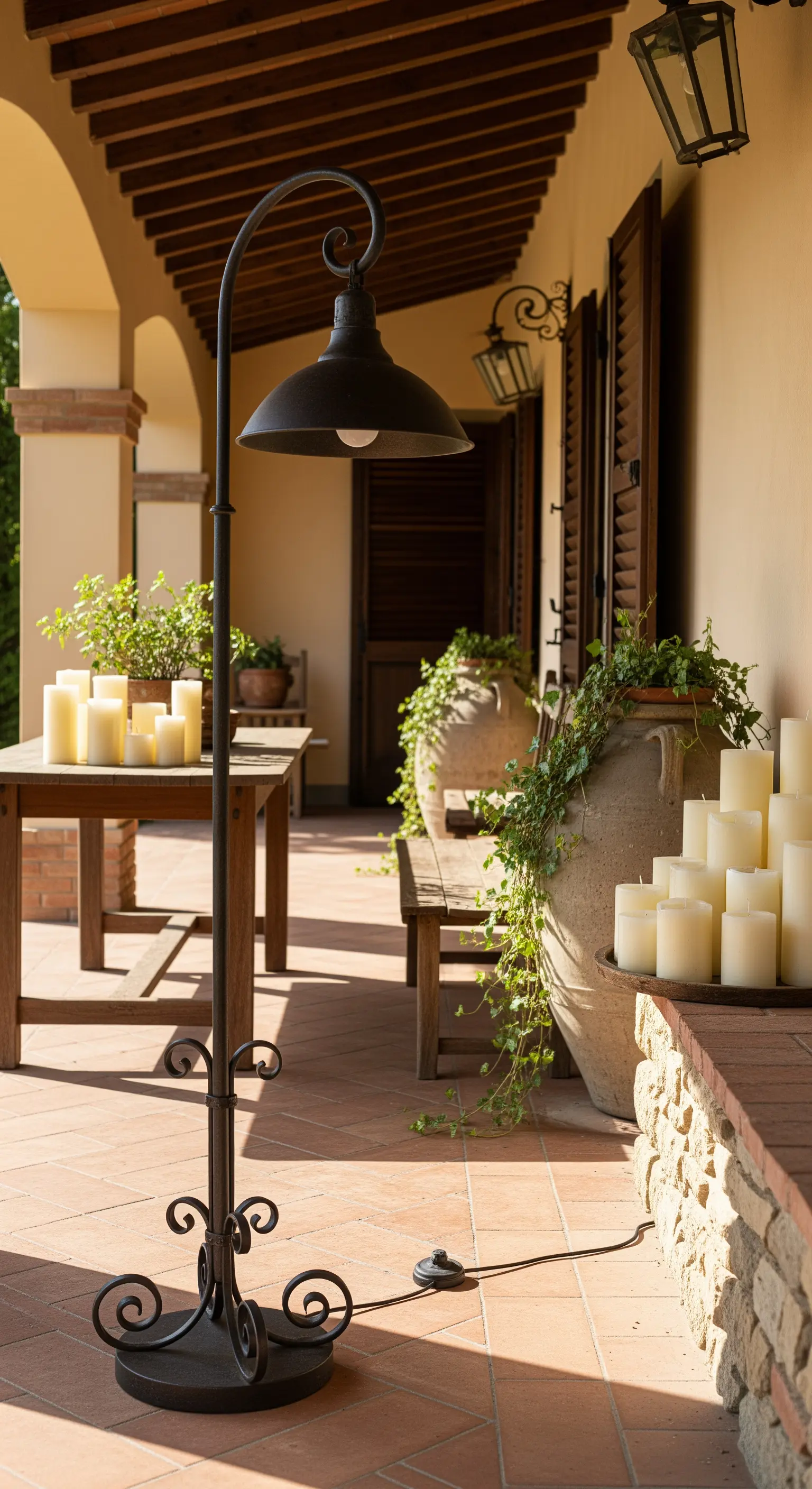 Portico in stile toscano con pavimento in cotto, tavolo in legno e lampada in ferro battuto.