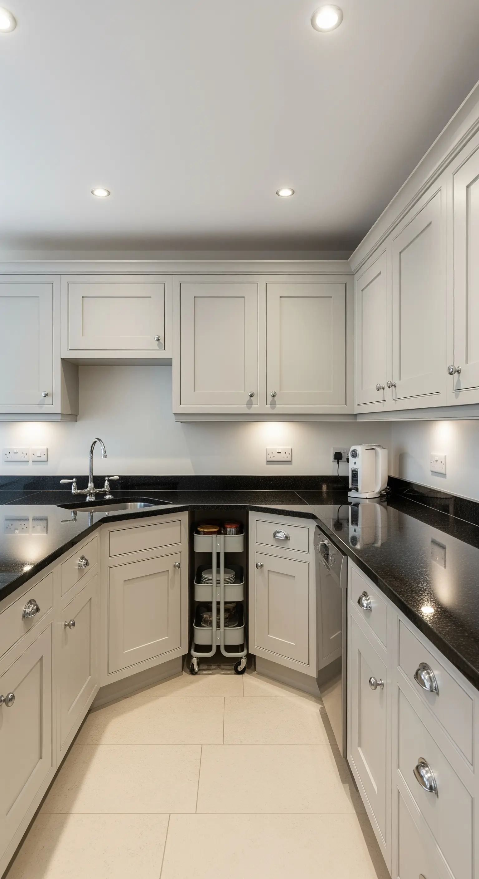 Carrello bianco a tre ripiani su ruote, inserito in uno spazio stretto della cucina.