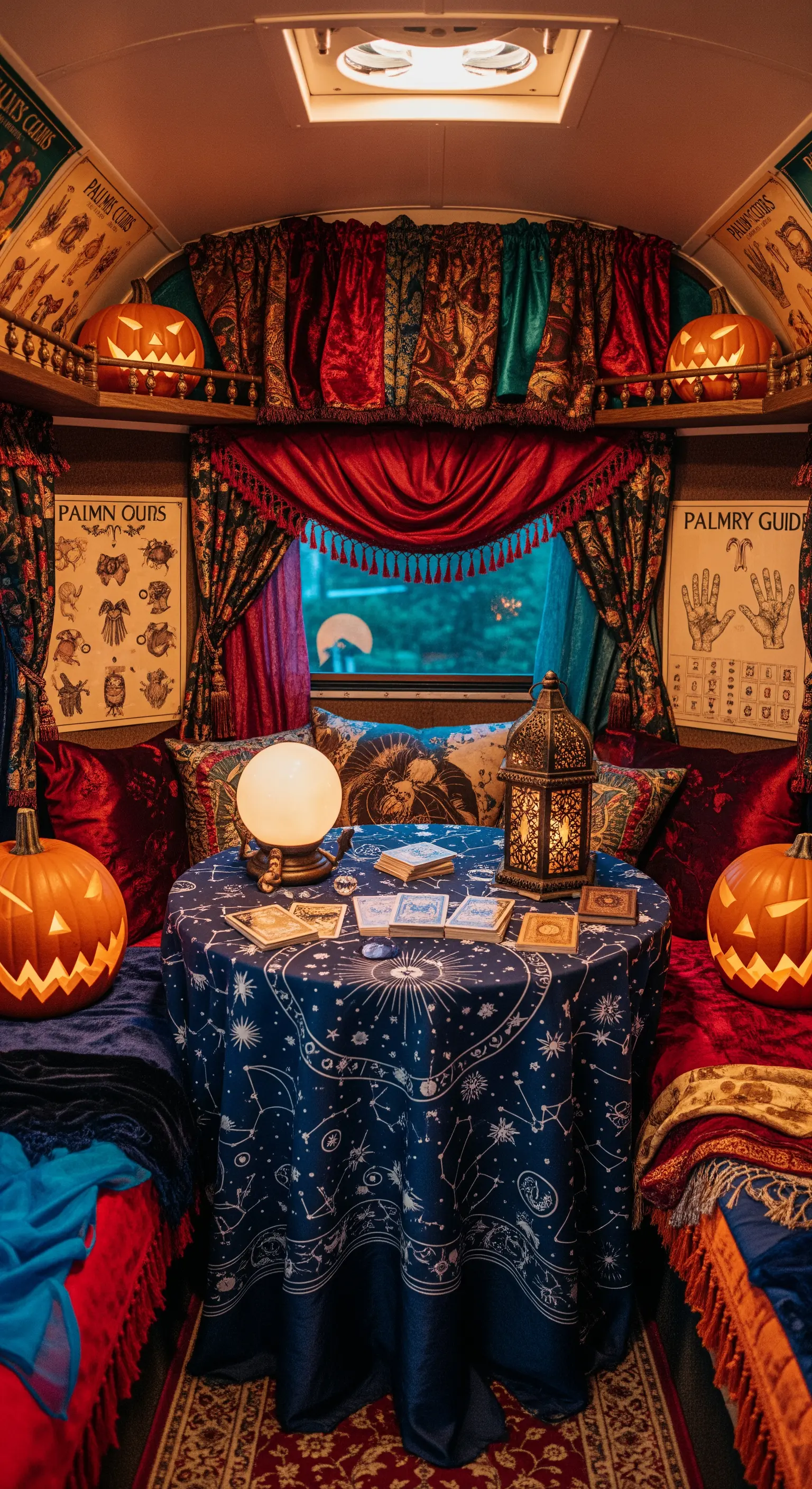 Interno di un camper allestito da chiromante con tessuti in velluto, tarocchi e sfera di cristallo.