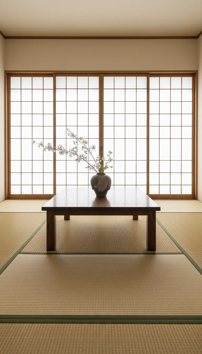 Salotto zen tradizionale con tatami, tavolino basso e porte shoji che diffondono la luce.