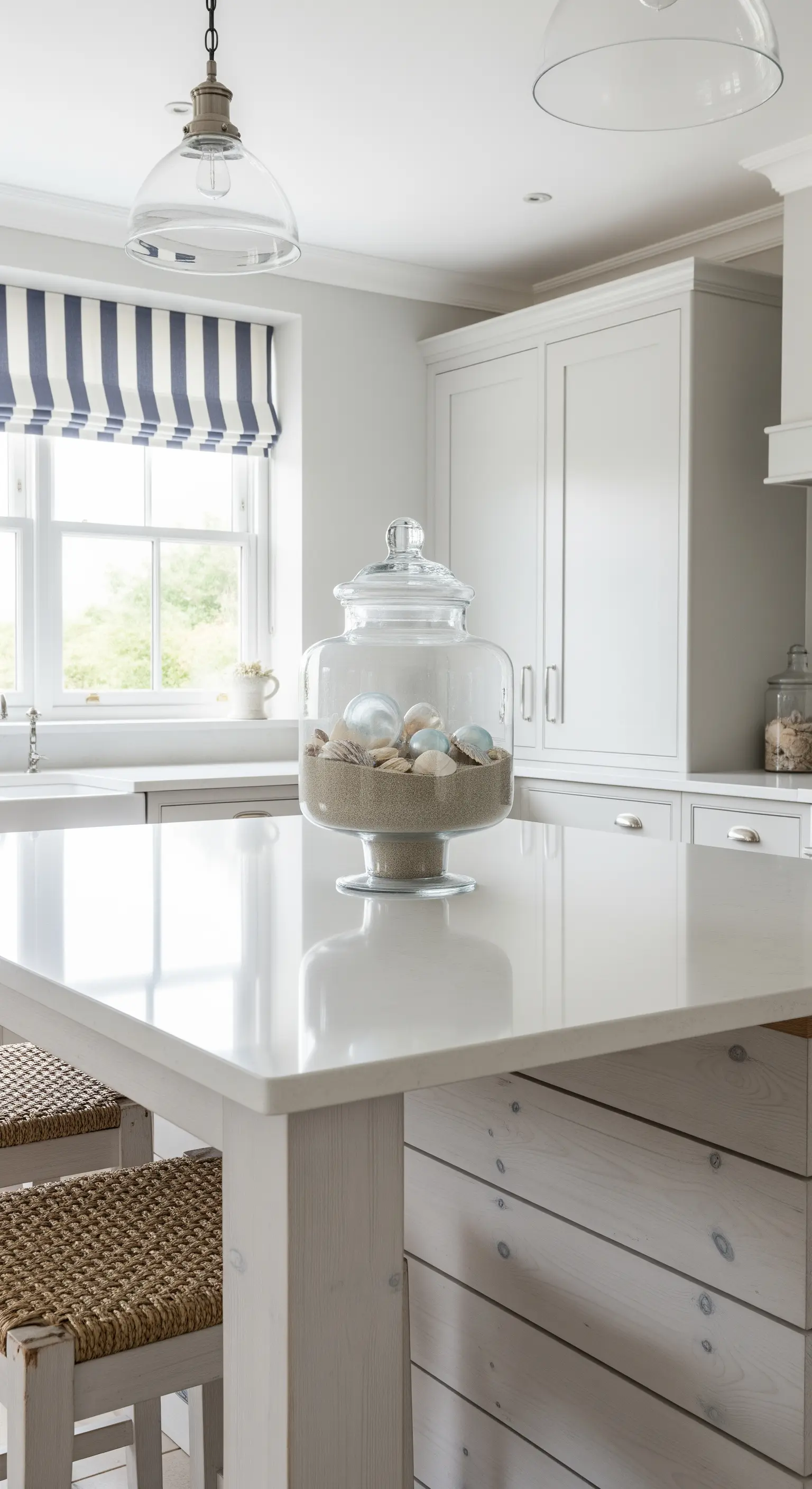 Vaso in vetro con sabbia e conchiglie su un'isola da cucina bianca e luminosa.