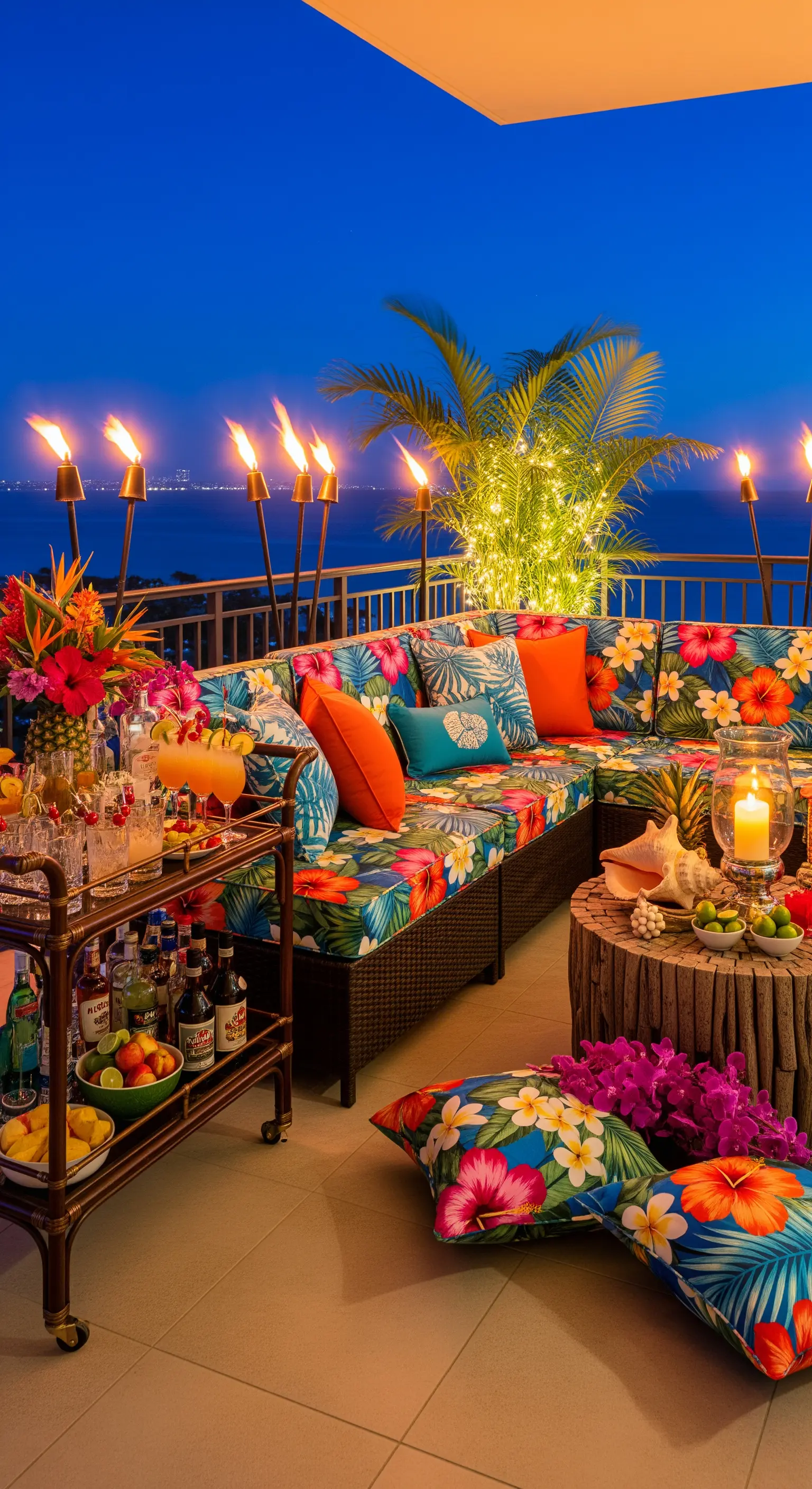 Terrazza panoramica con divano angolare, carrello bar e numerose torce tiki accese.
