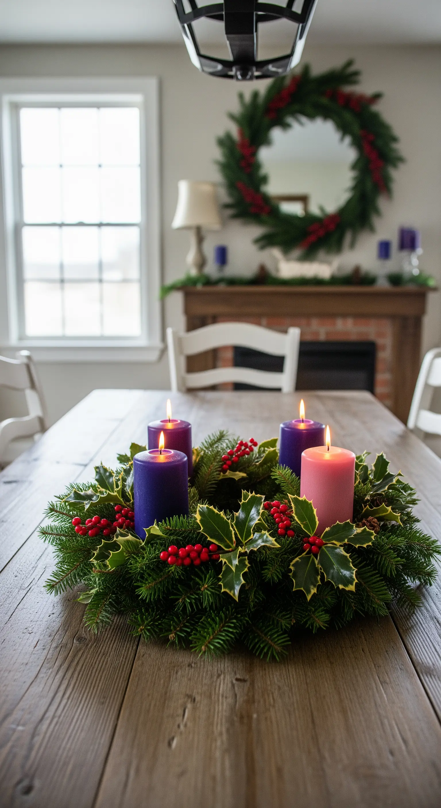 Corona dell'Avvento tradizionale con candele viola e rosa su un tavolo di legno.