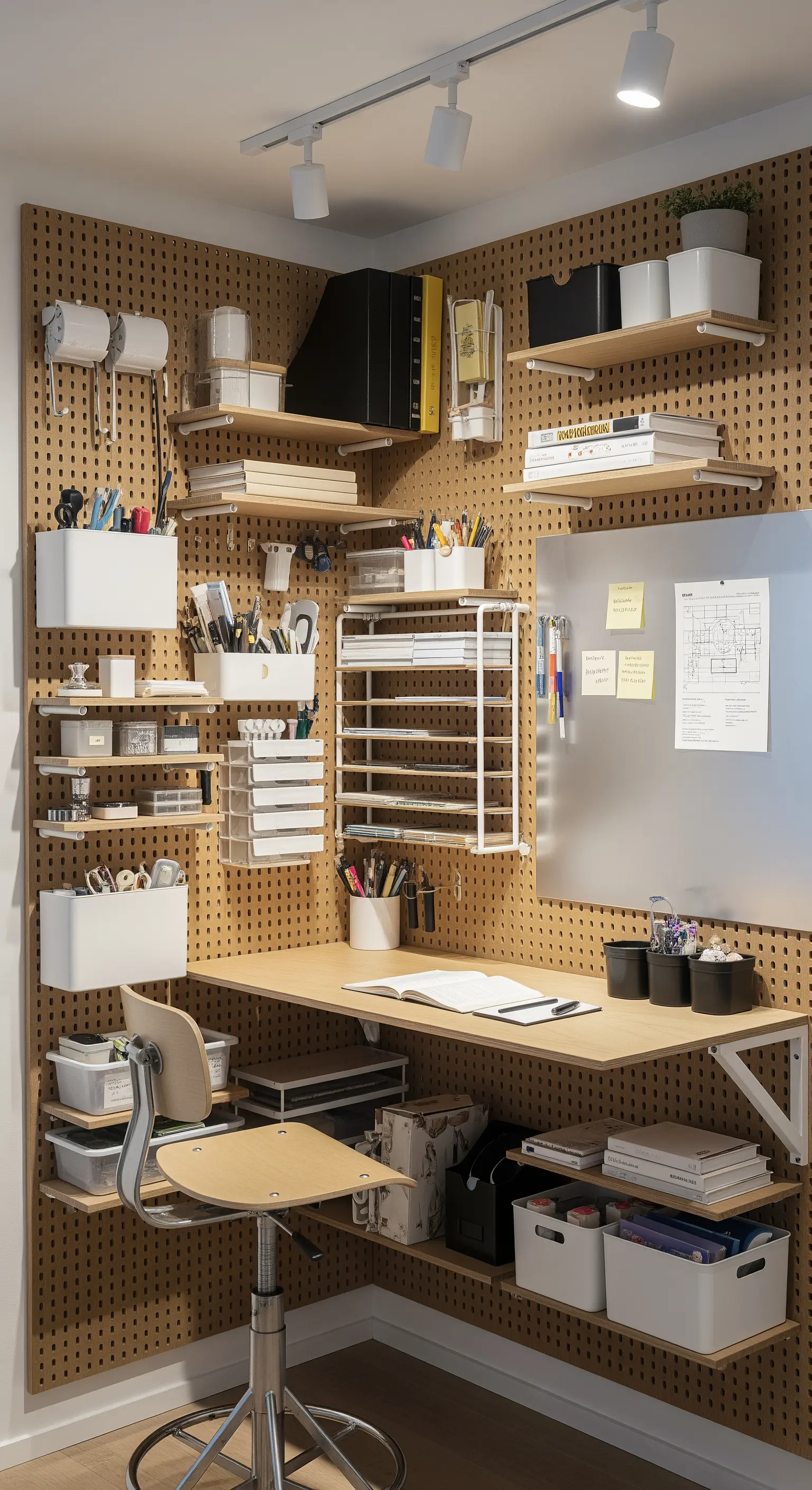 Un intero angolo studio organizzato con un sistema di pannelli forati e mensole regolabili.
