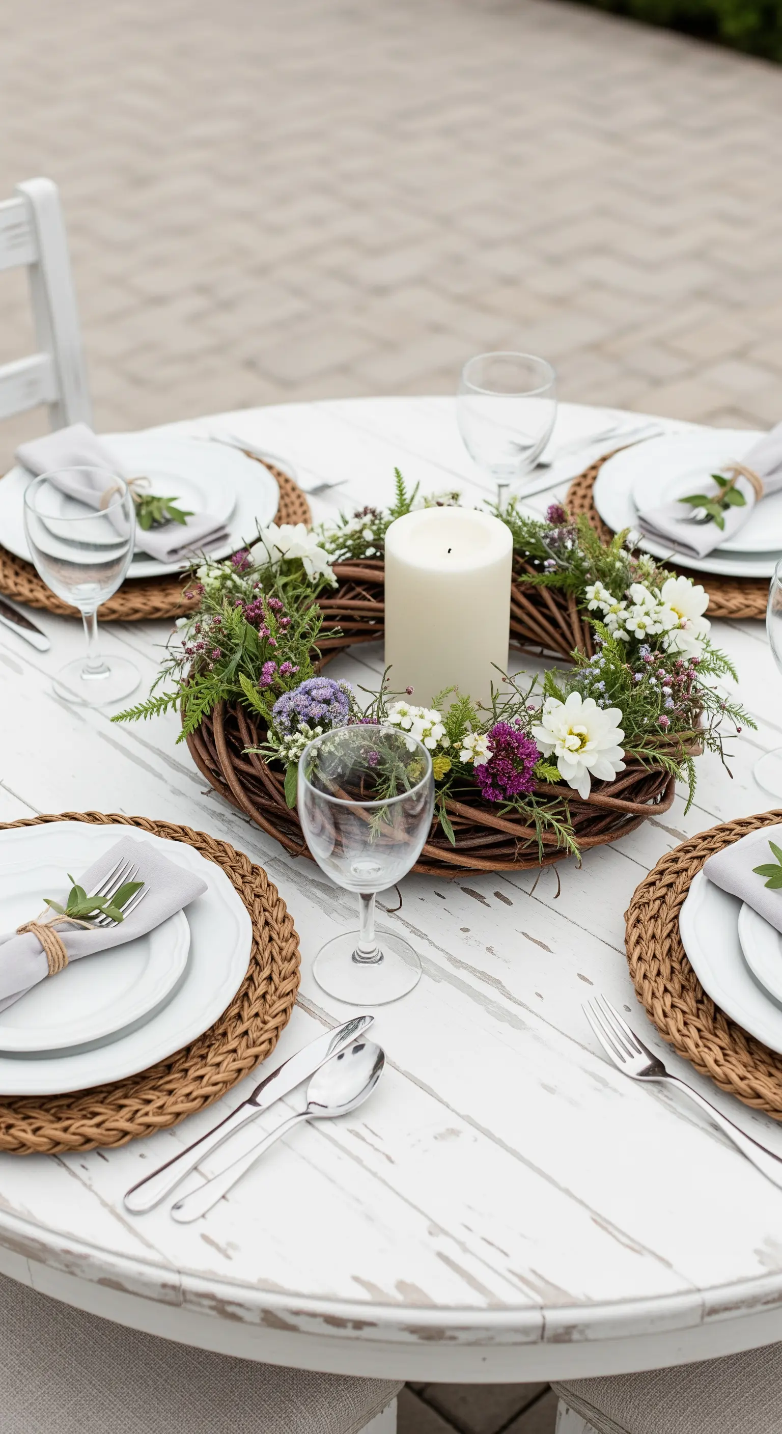 Tavola rotonda bianca con centrotavola a ghirlanda di fiori e una grande candela al centro