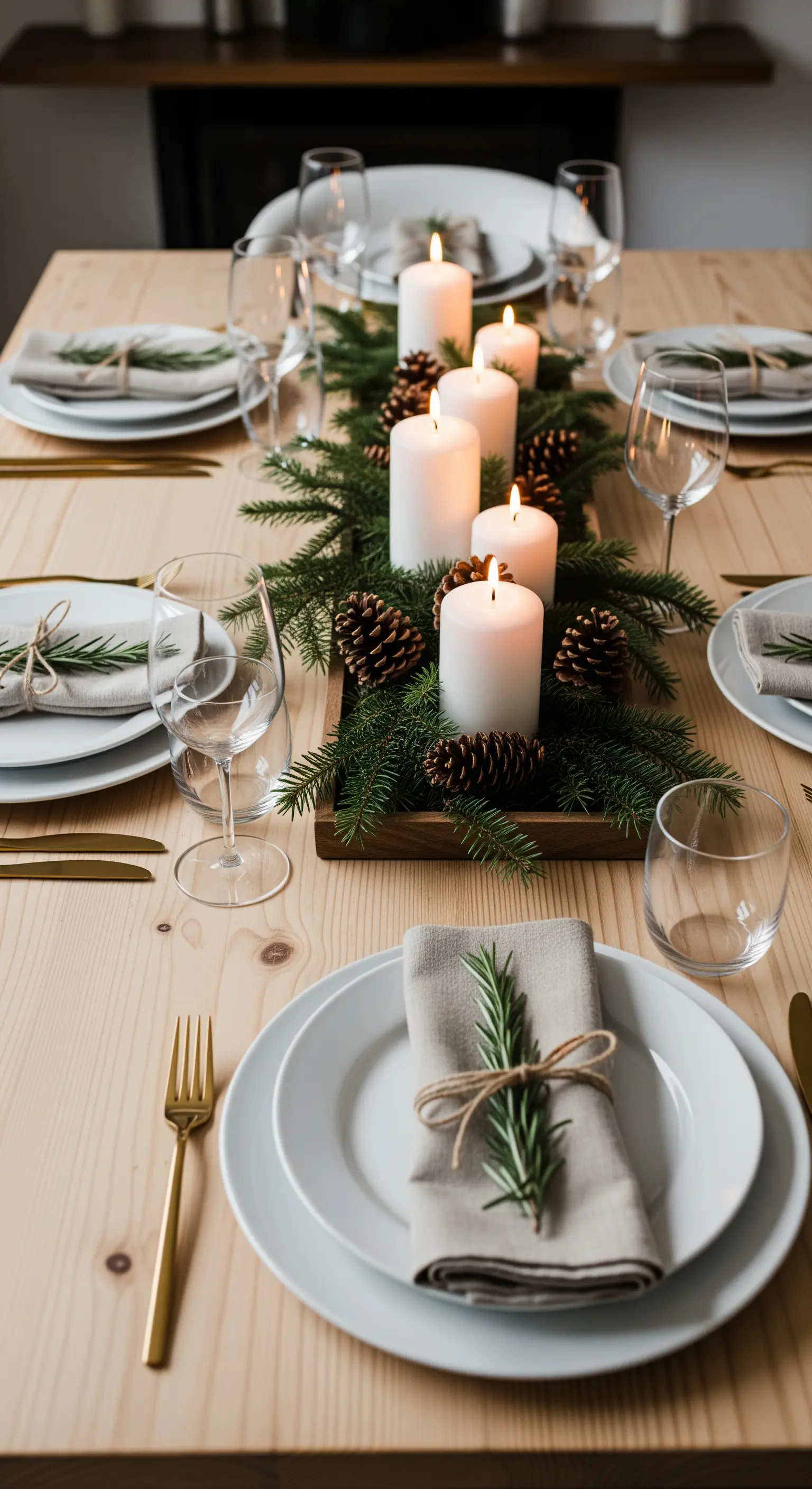 Tavola di Natale apparecchiata con centrotavola di pino, pigne e candele bianche.
