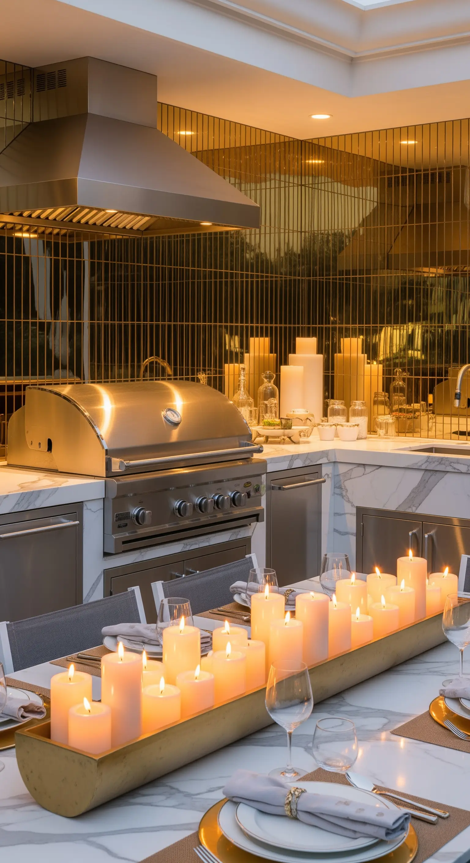 Tavolo da pranzo esterno con un lungo centrotavola dorato riempito di candele bianche.
