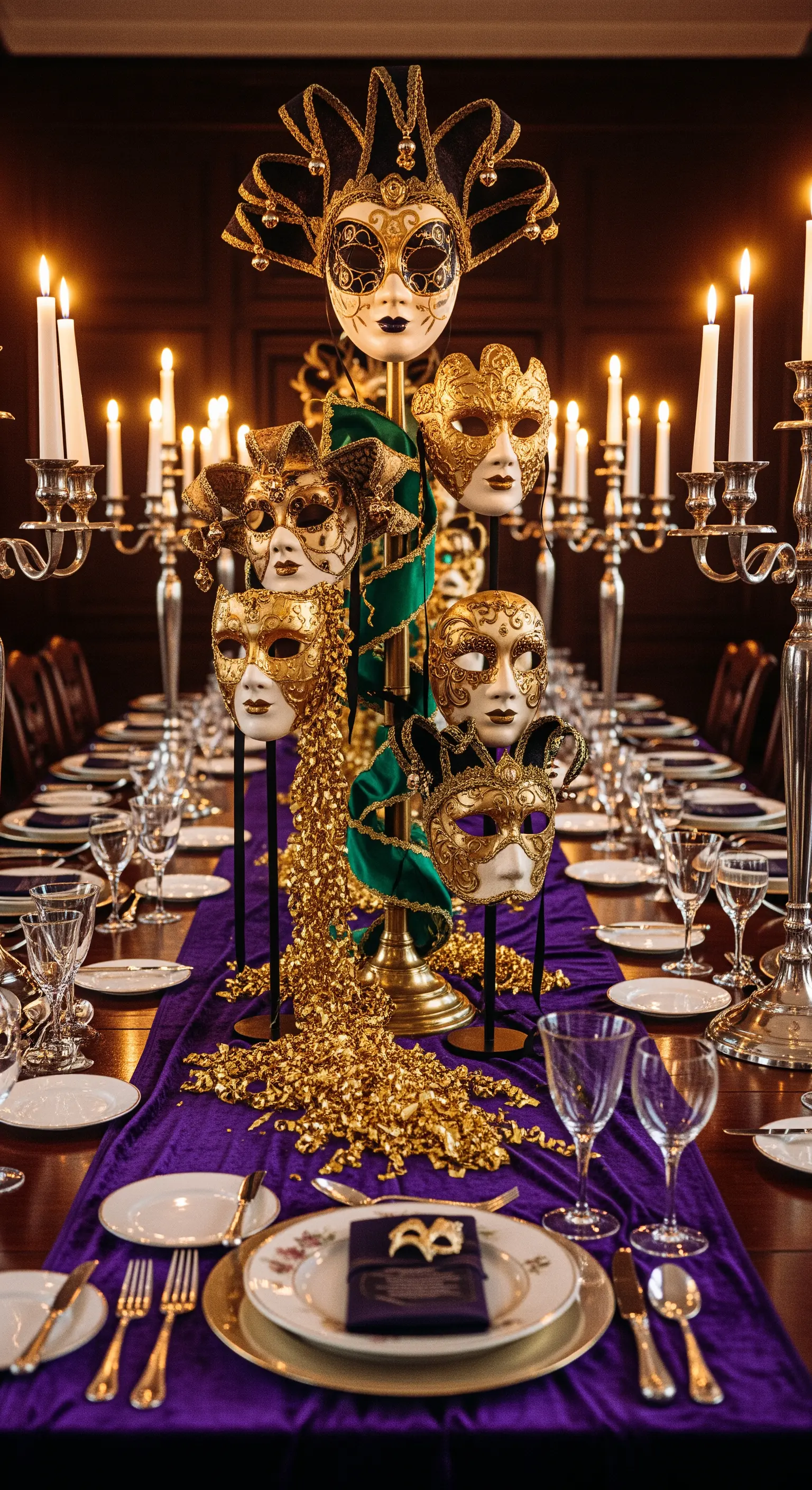 Centrotavola per Carnevale con maschere veneziane dorate e candelabri.