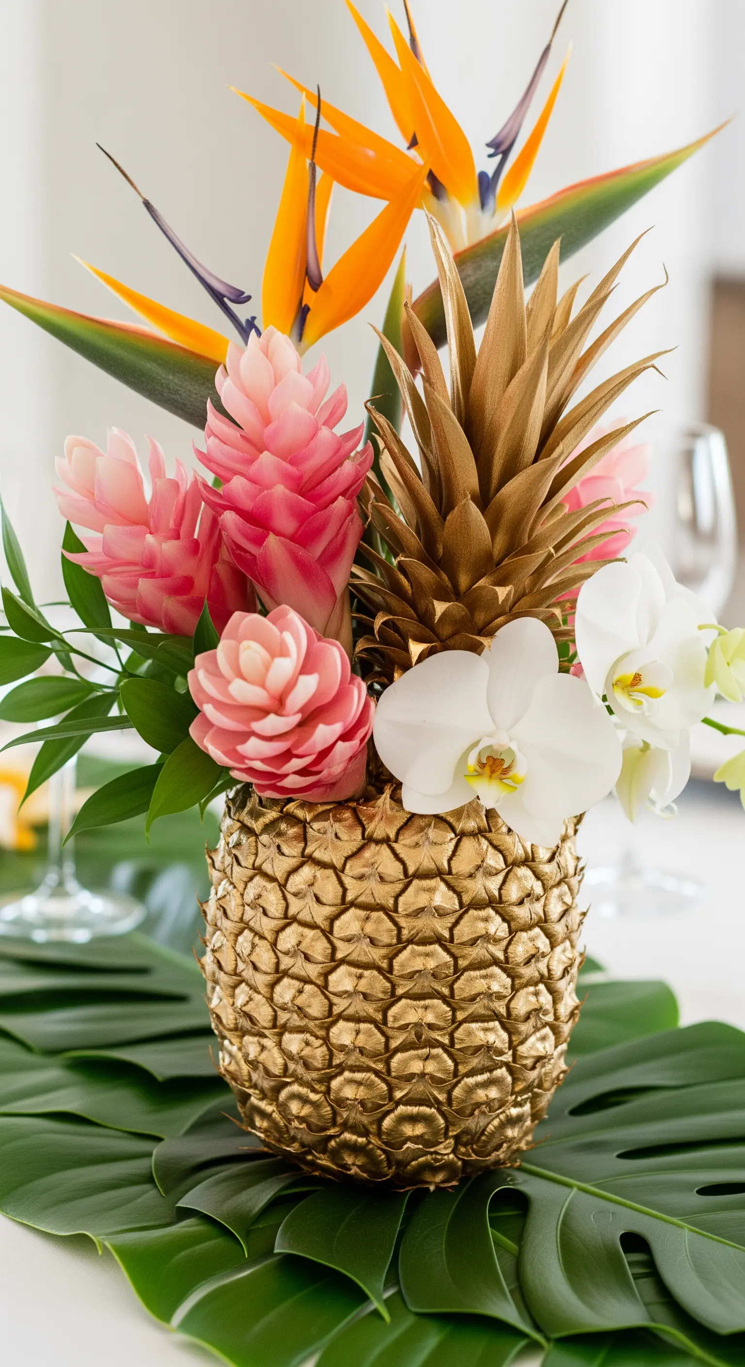 Ananas dorato usato come vaso per una composizione di fiori esotici, come la sterlizia.